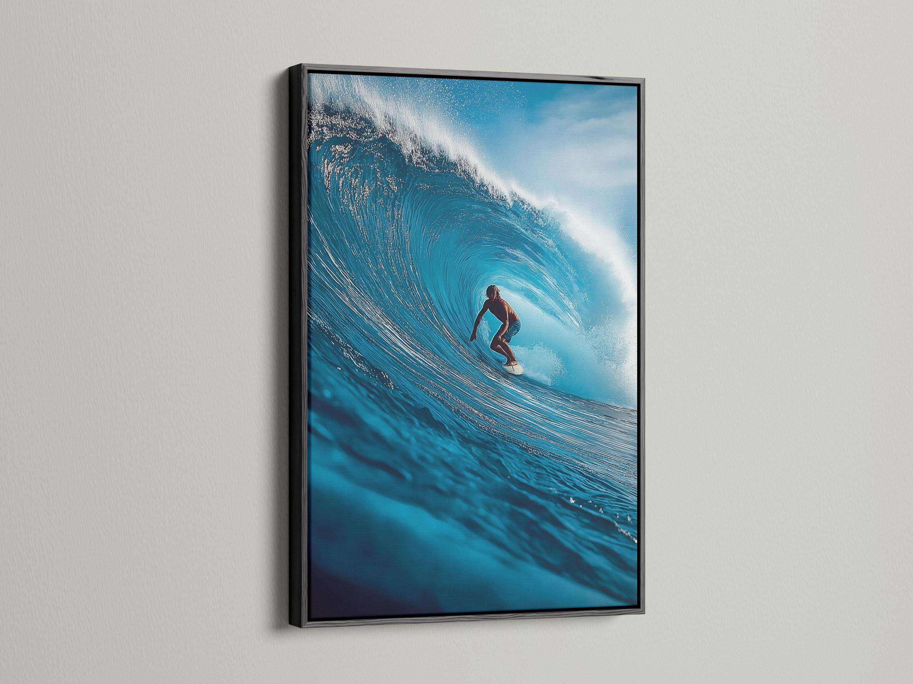 A blue ocean wave artwork shows a surfer riding through white foam, with bright sky-toned highlights and swirling water texture detail view
