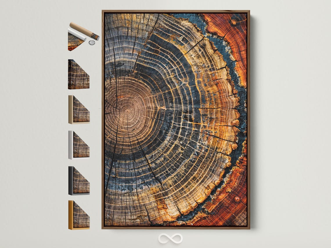 Bedroom mockup showing two framed tree ring artworks above a bed