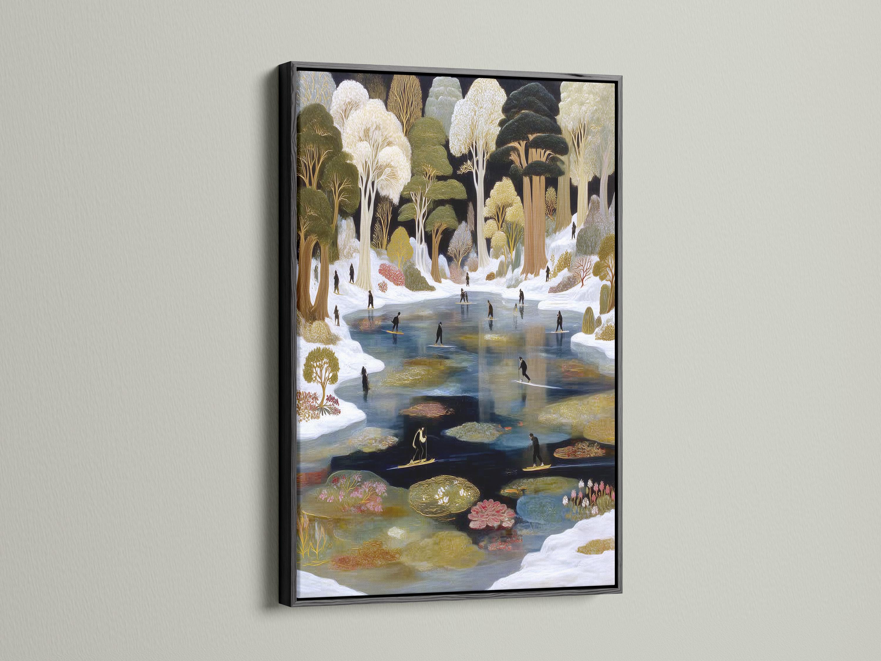 A winter pond landscape shows snow-covered trees with gold-toned accents and figures gliding on an icy waterway detail view