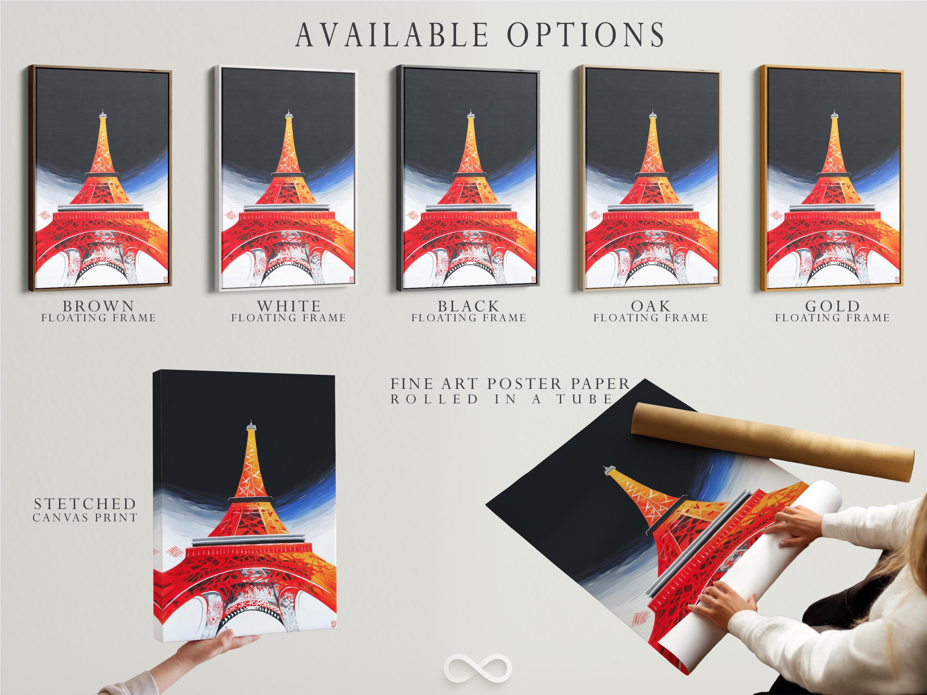 Room mockup showing framed Eiffel Tower artwork in red, orange and blue