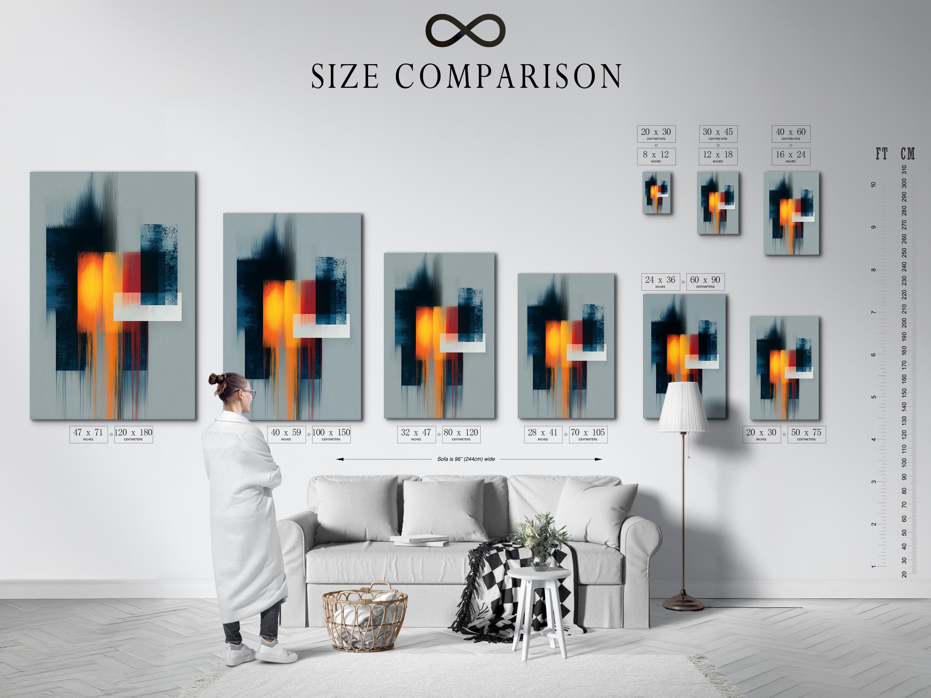 Geometric abstract artwork with teal and grey blocks and a glowing orange-yellow square detail view
