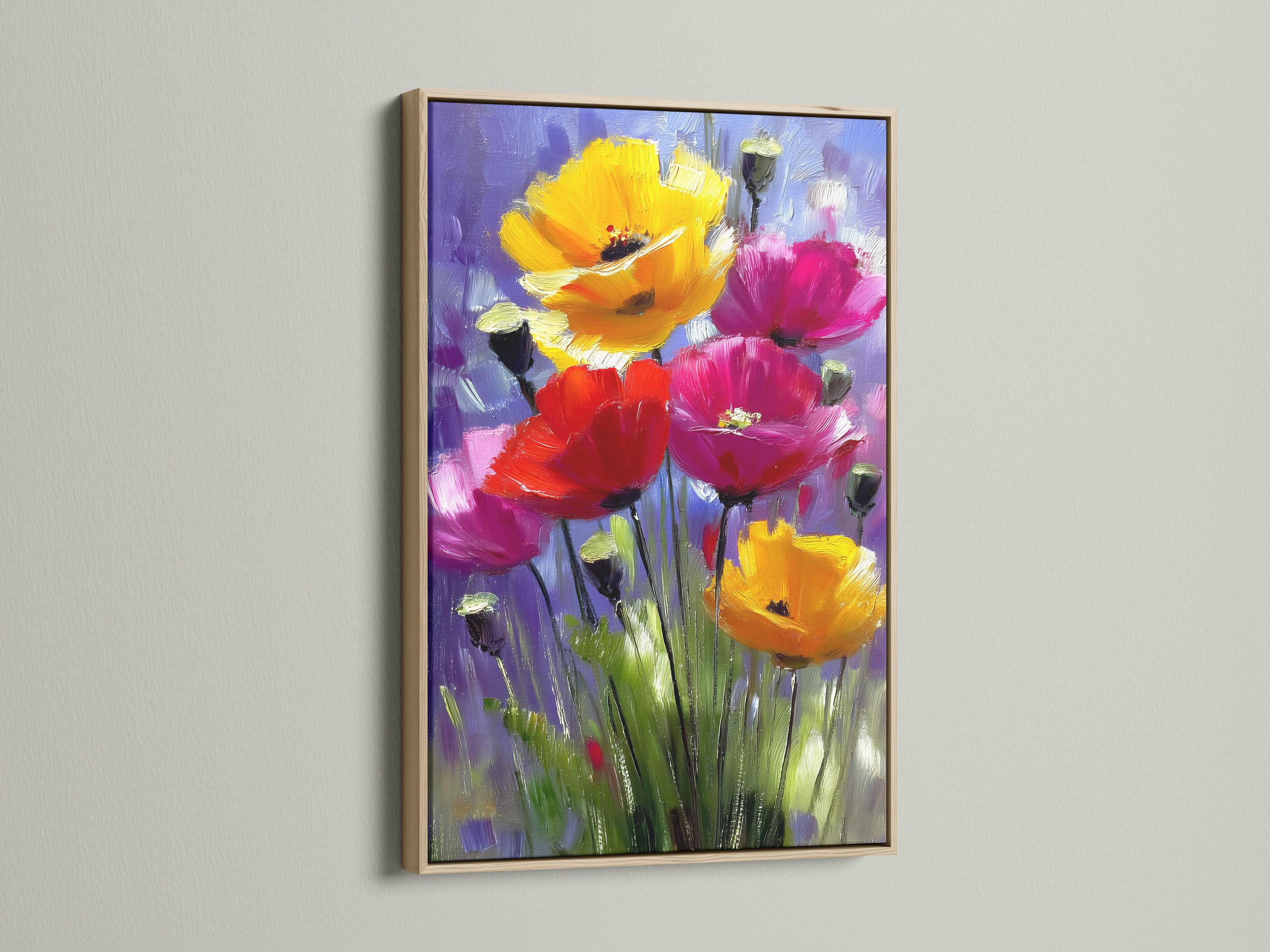 Painterly floral painting with purple, pink, red and yellow blooms and green stems detail view