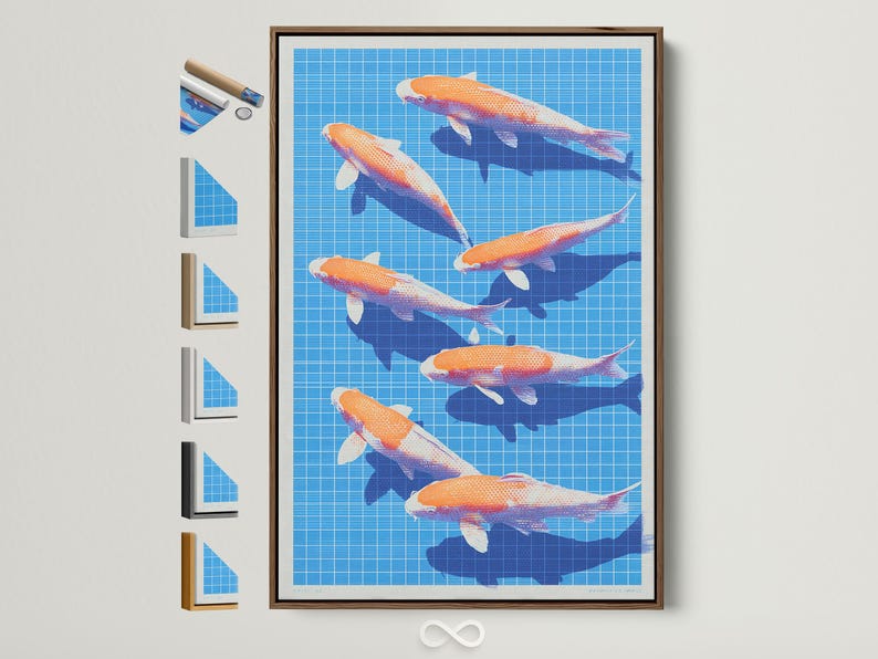 Orange koi fish swimming on a bright blue grid background with dark blue water shapes