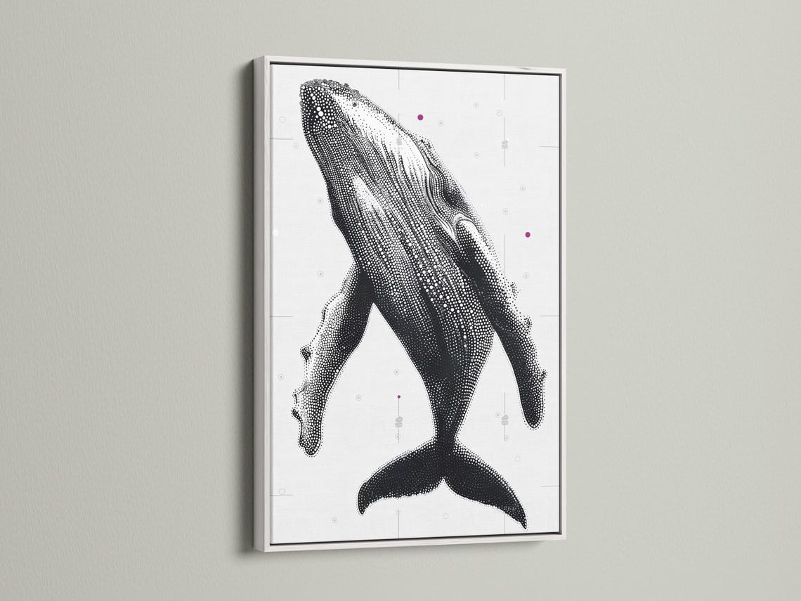 Humpback whale wall art mockup with dotted whale illustration in black and white