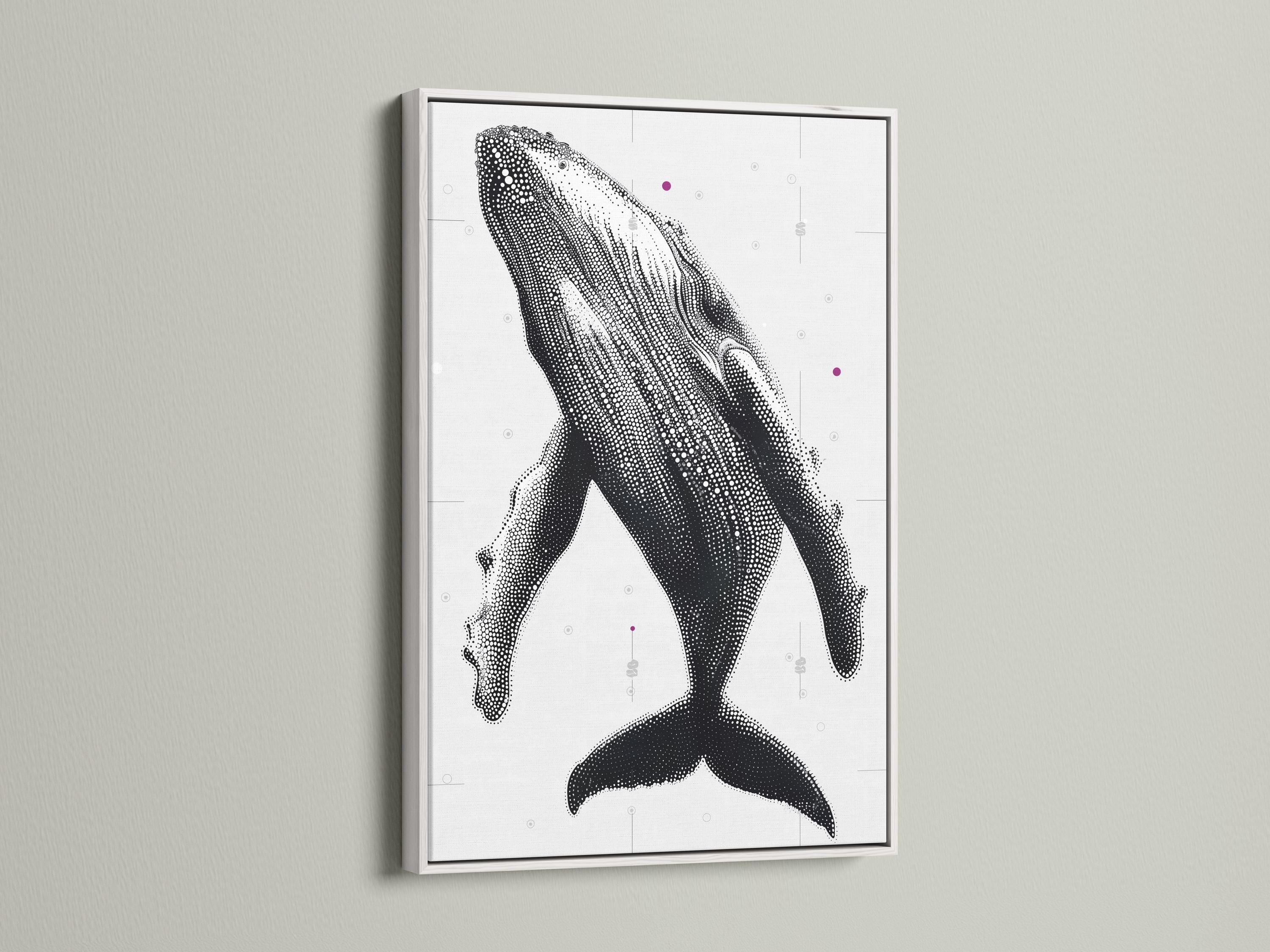 Humpback whale wall art mockup with dotted whale illustration in black and white
