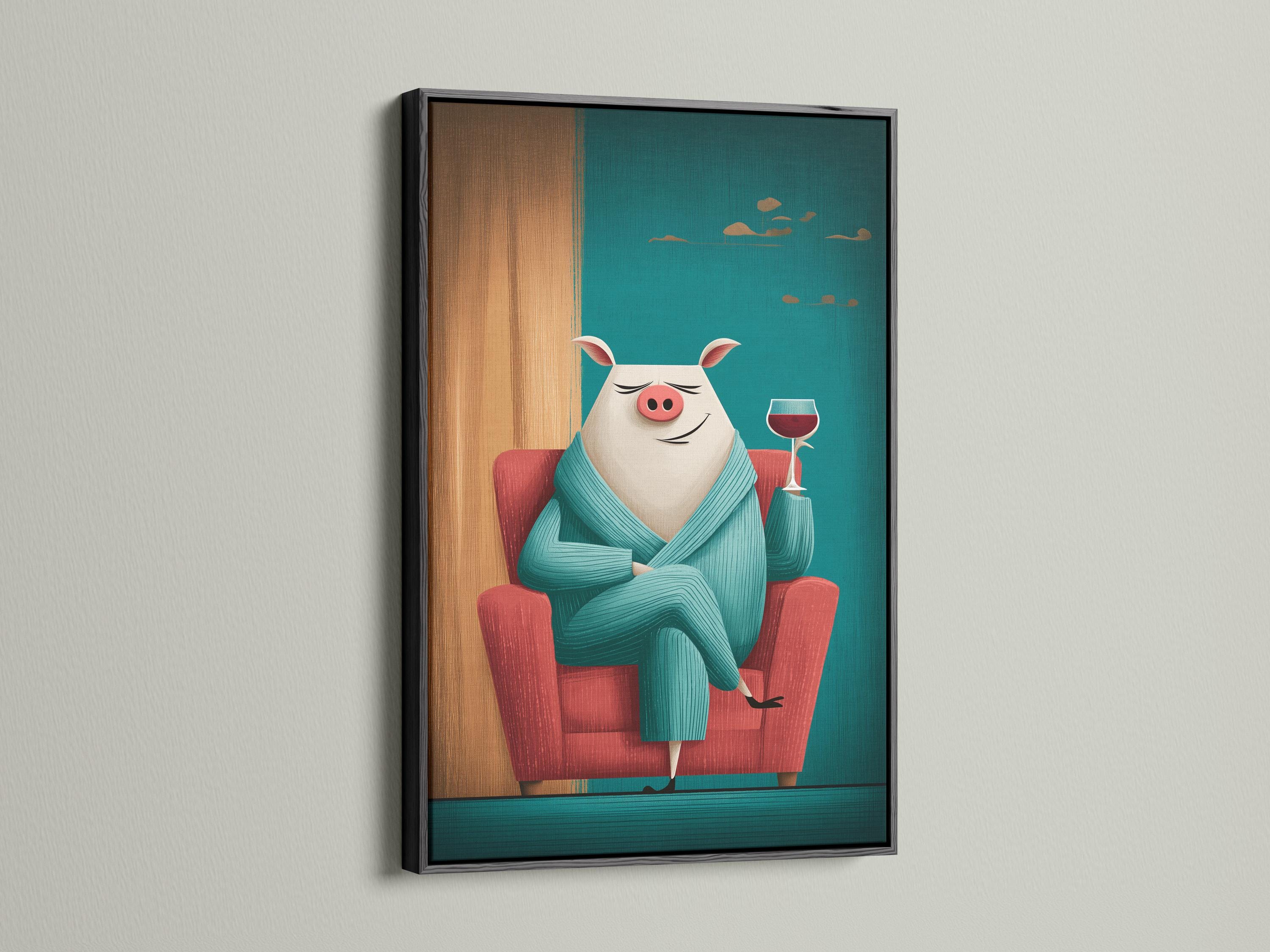 Illustration of a smiling pig in a teal jumper holding a wine glass detail view