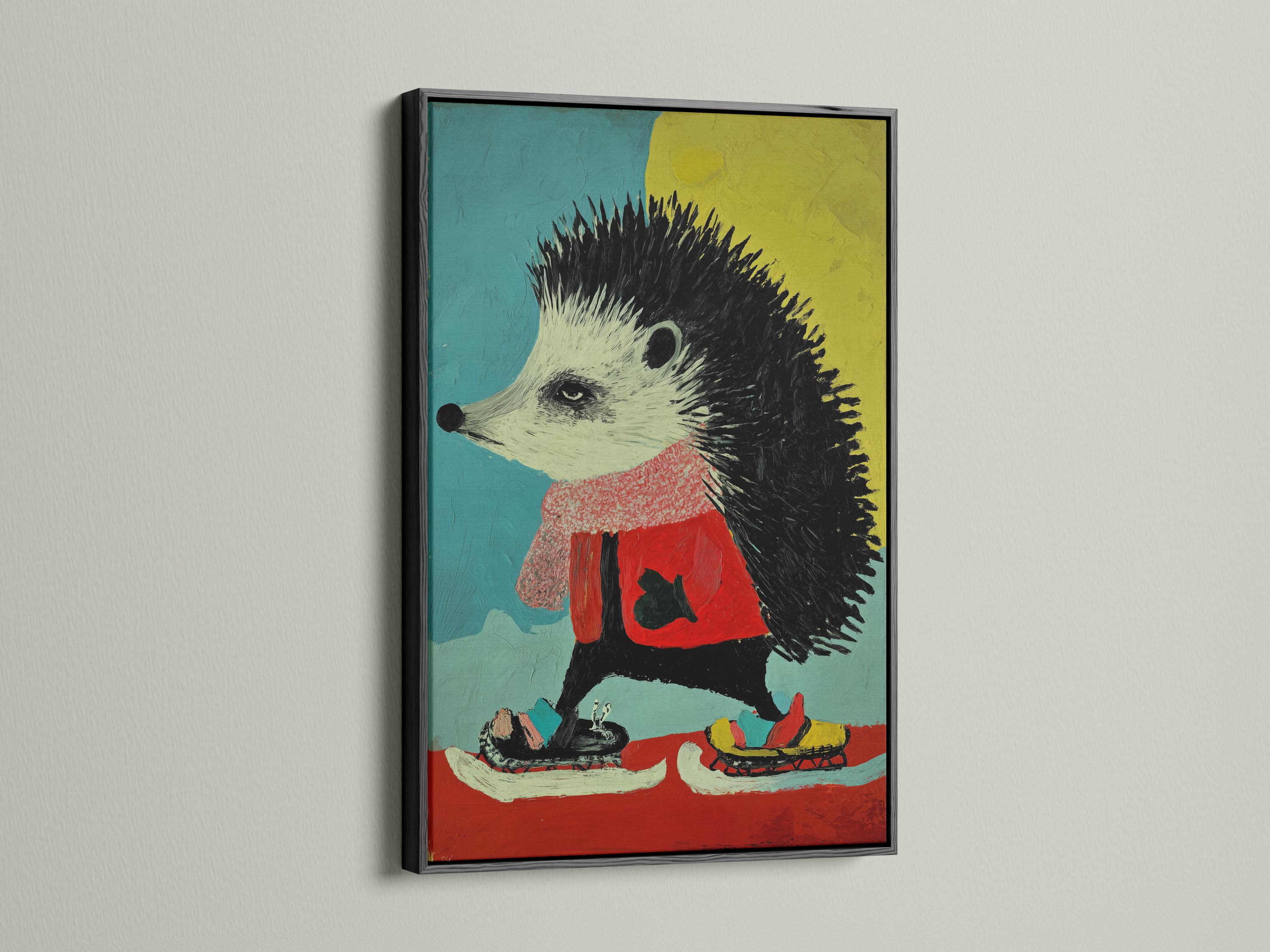 Cartoon hedgehog with a red jacket on a teal, yellow and red graphic background detail view