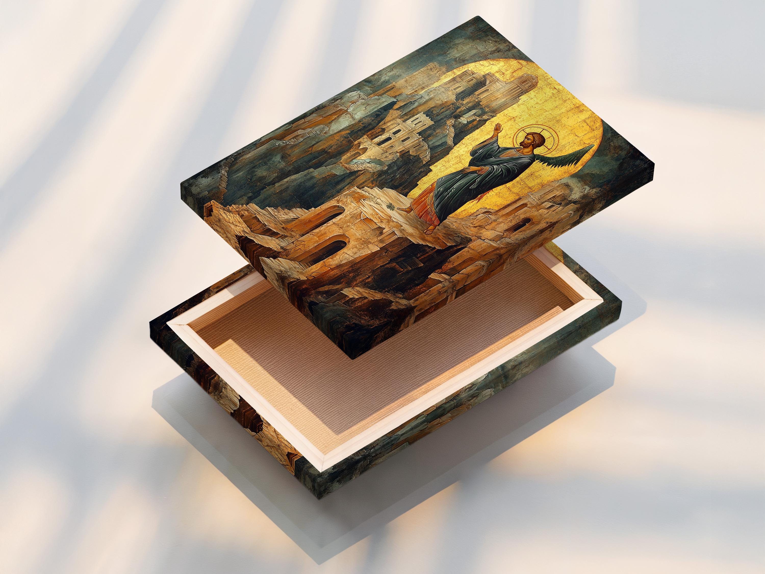 Stylised angel icon with a golden halo standing over a stone cityscape detail view