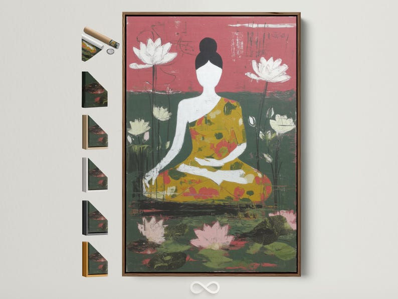 Stylised seated figure surrounded by white lotus flowers with rose pink and green textured background