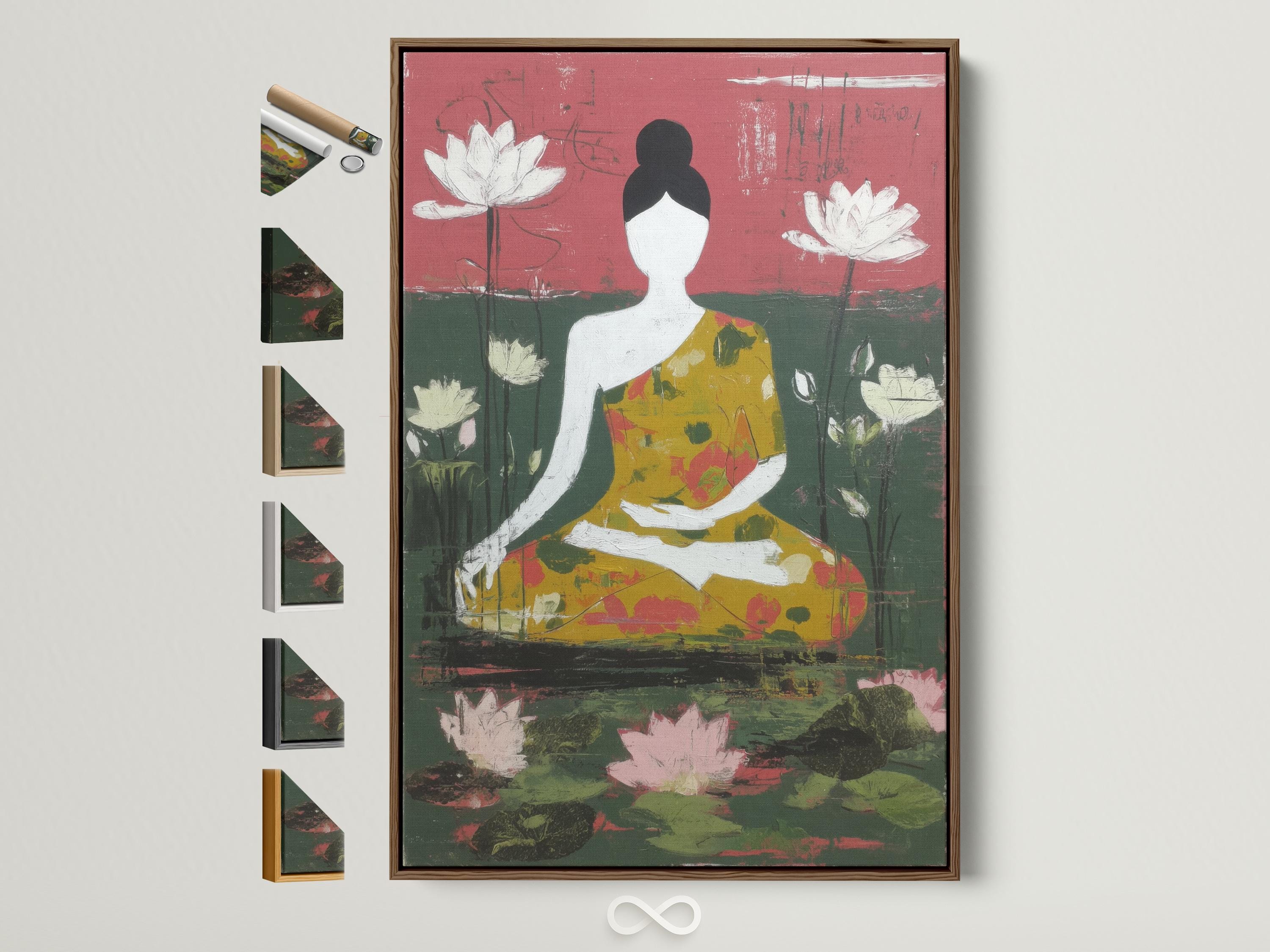 Stylised seated figure surrounded by white lotus flowers with rose pink and green textured background