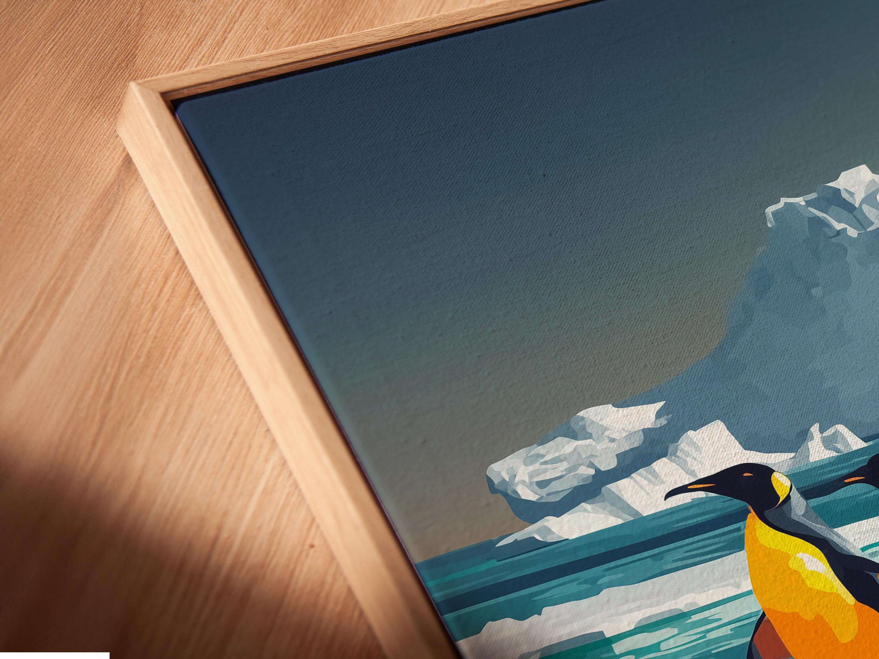 A person holding a camera stands near a framed penguin artwork in a light room