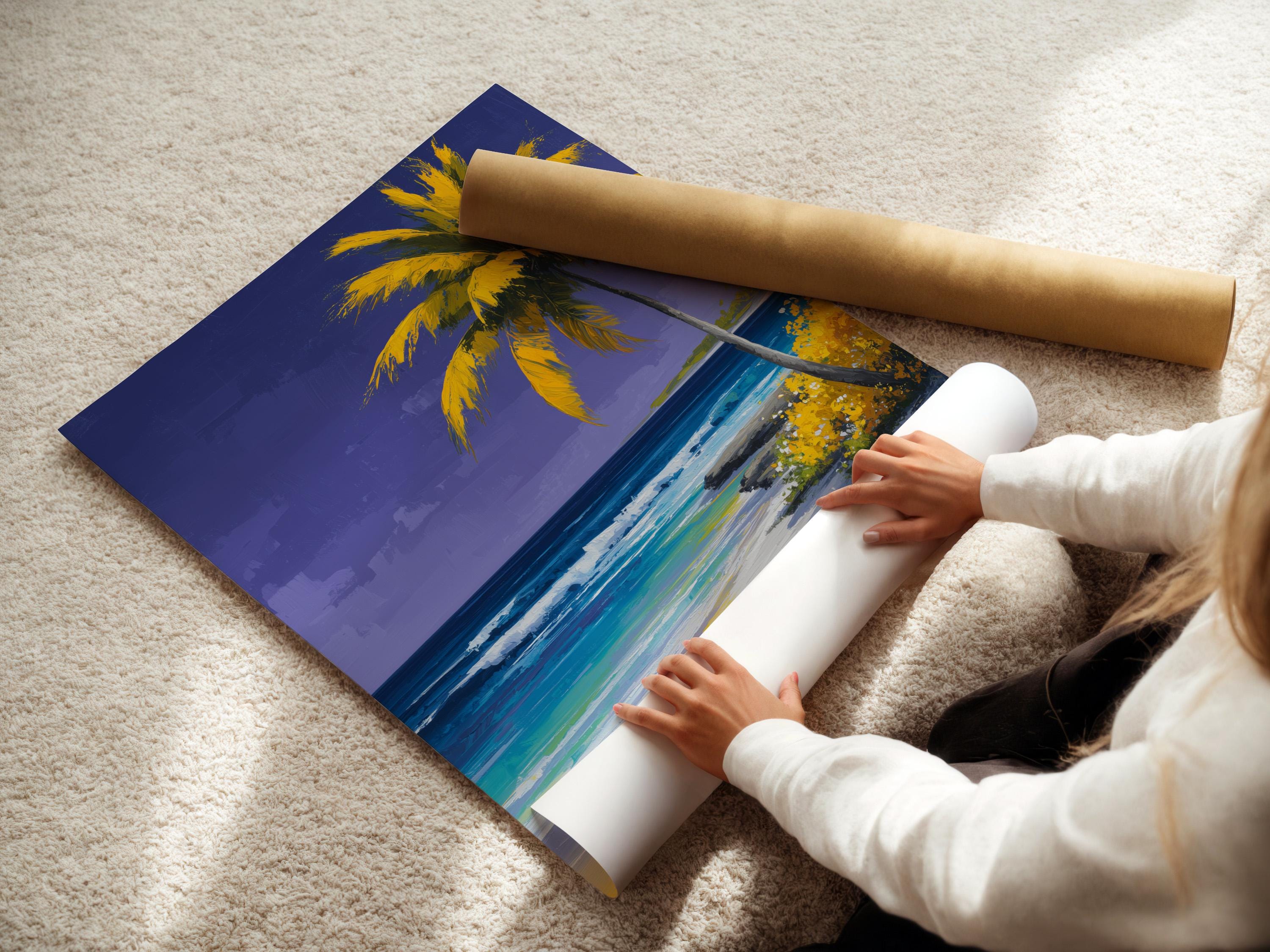 Painterly palm tree on a tropical beach with purple-blue sky and turquoise ocean detail view