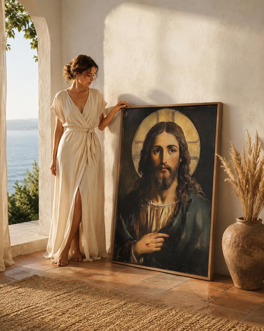 Jesus portrait with long dark hair and a glowing gold halo detail view