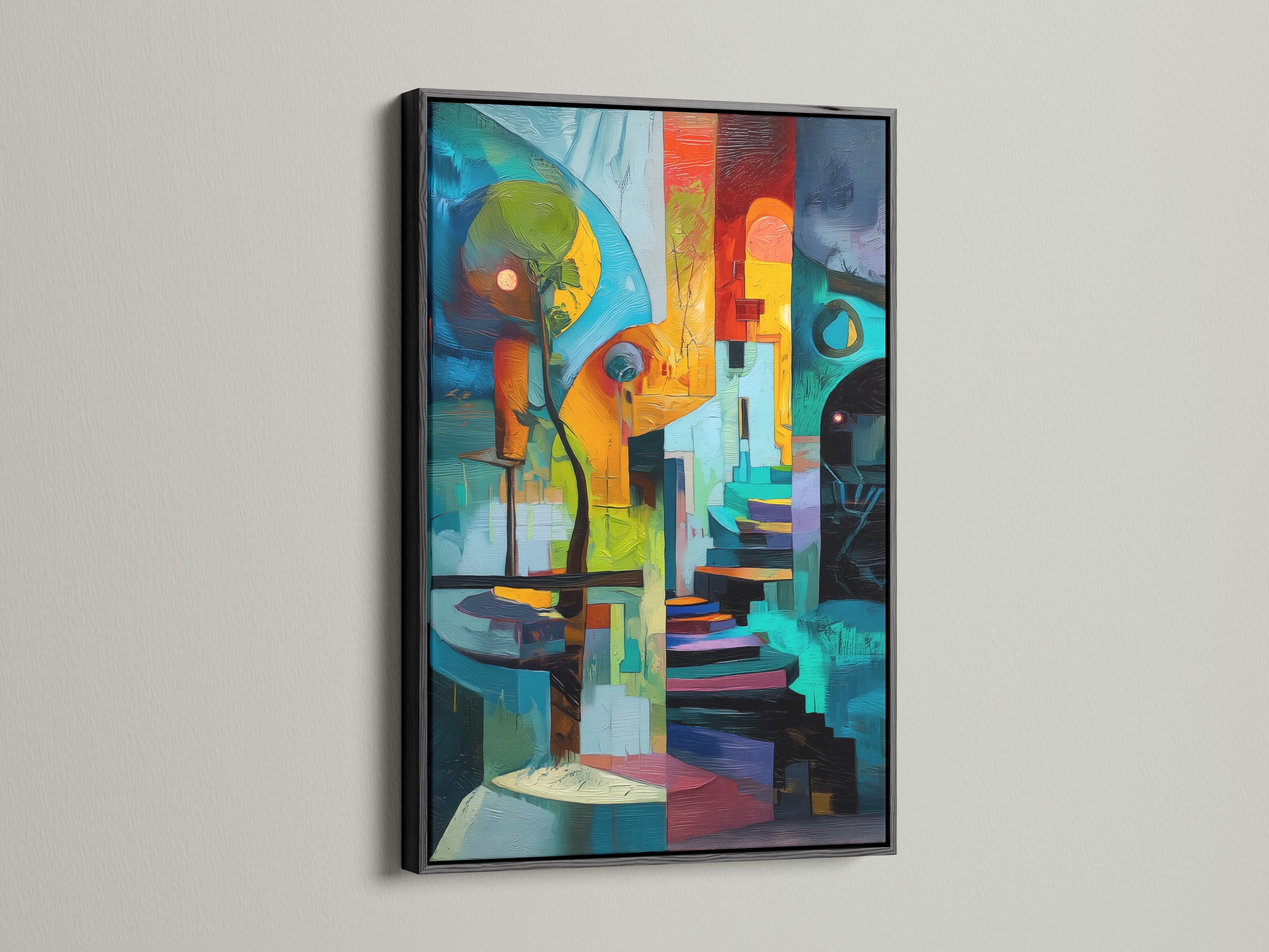 Person in yellow holding a cup standing beside a framed abstract geometric artwork