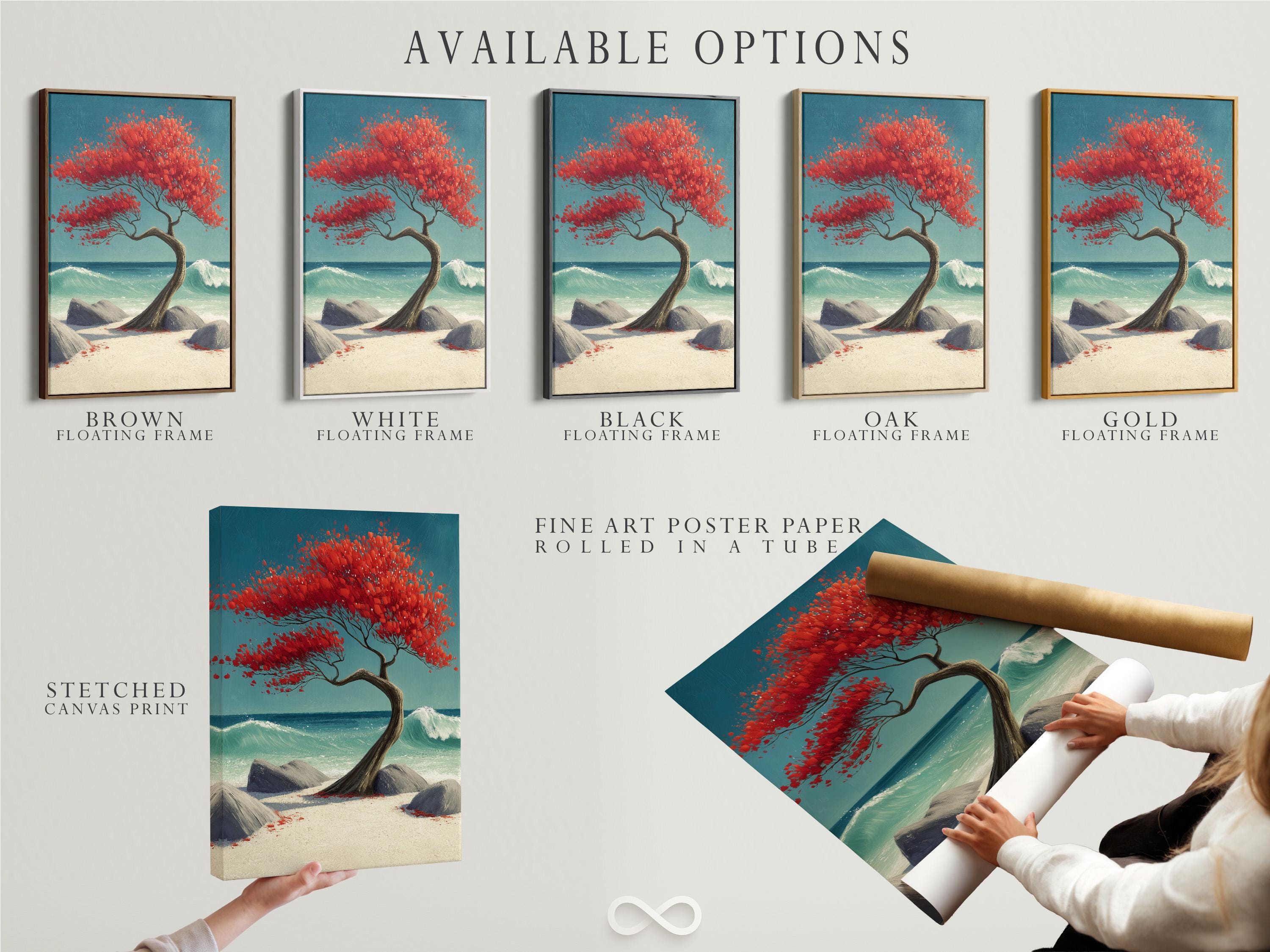 Red tree with spreading branches on a turquoise ocean beach with rocks and foamy waves detail view