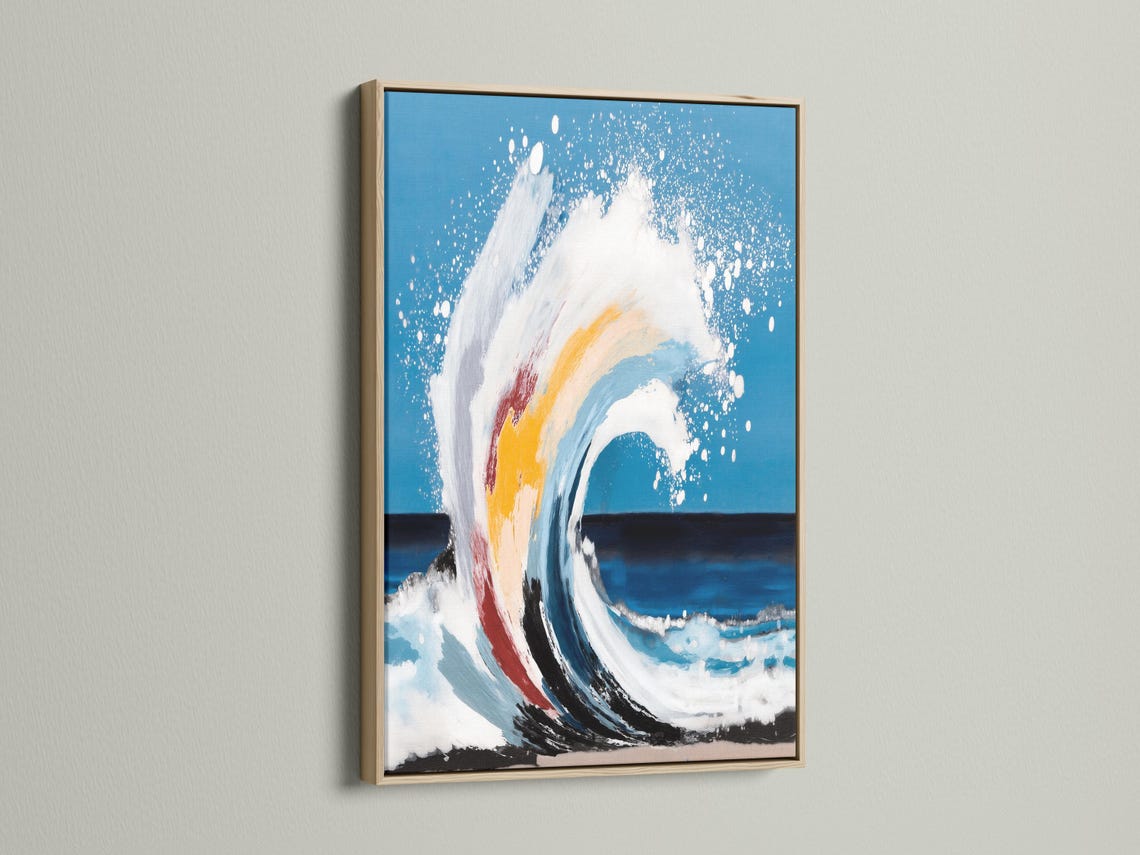 Abstract ocean wave painting with foamy white crest on teal blue background detail view