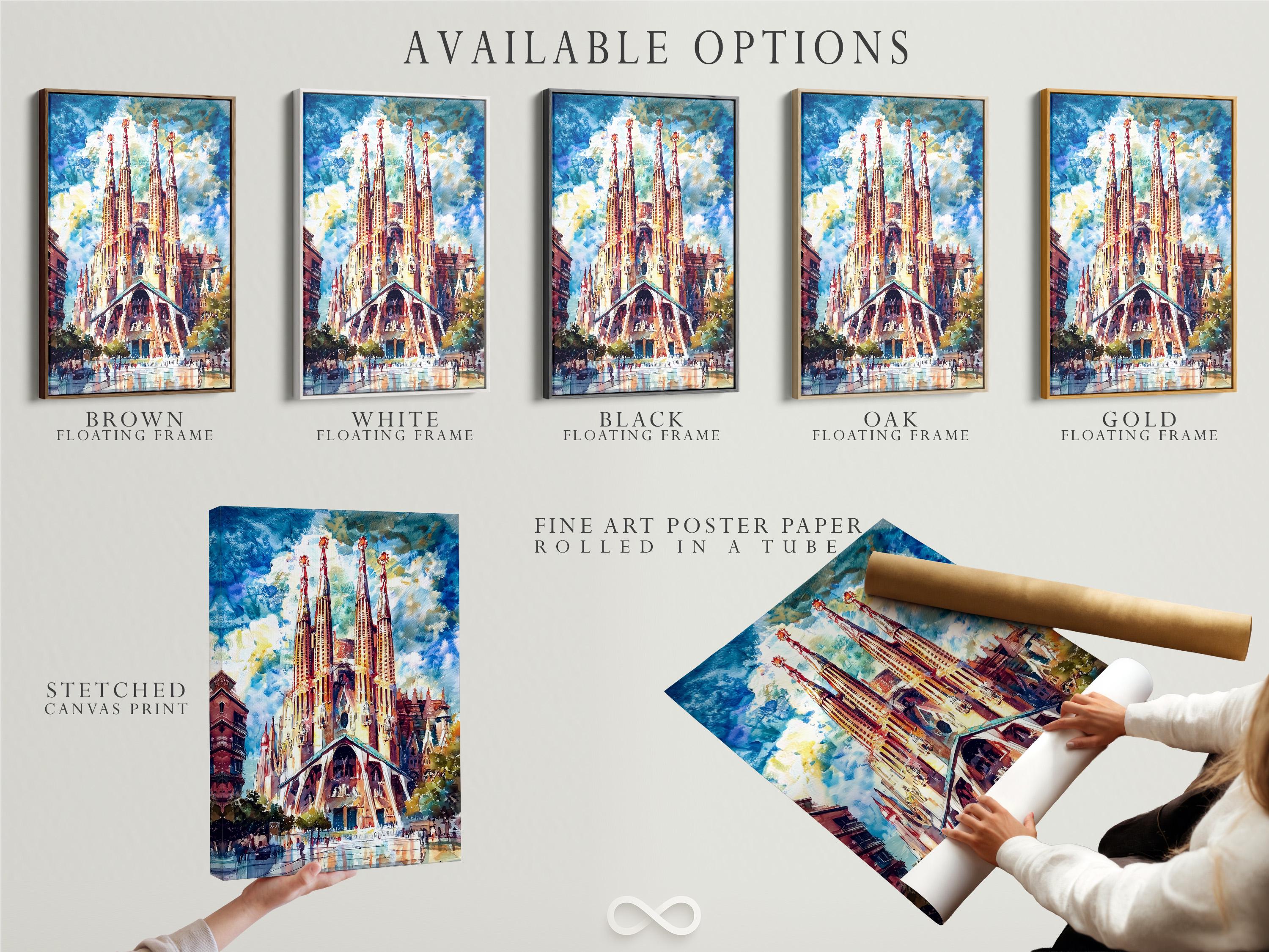 Room mockup showing a framed cathedral spires artwork on a blue wall above a desk