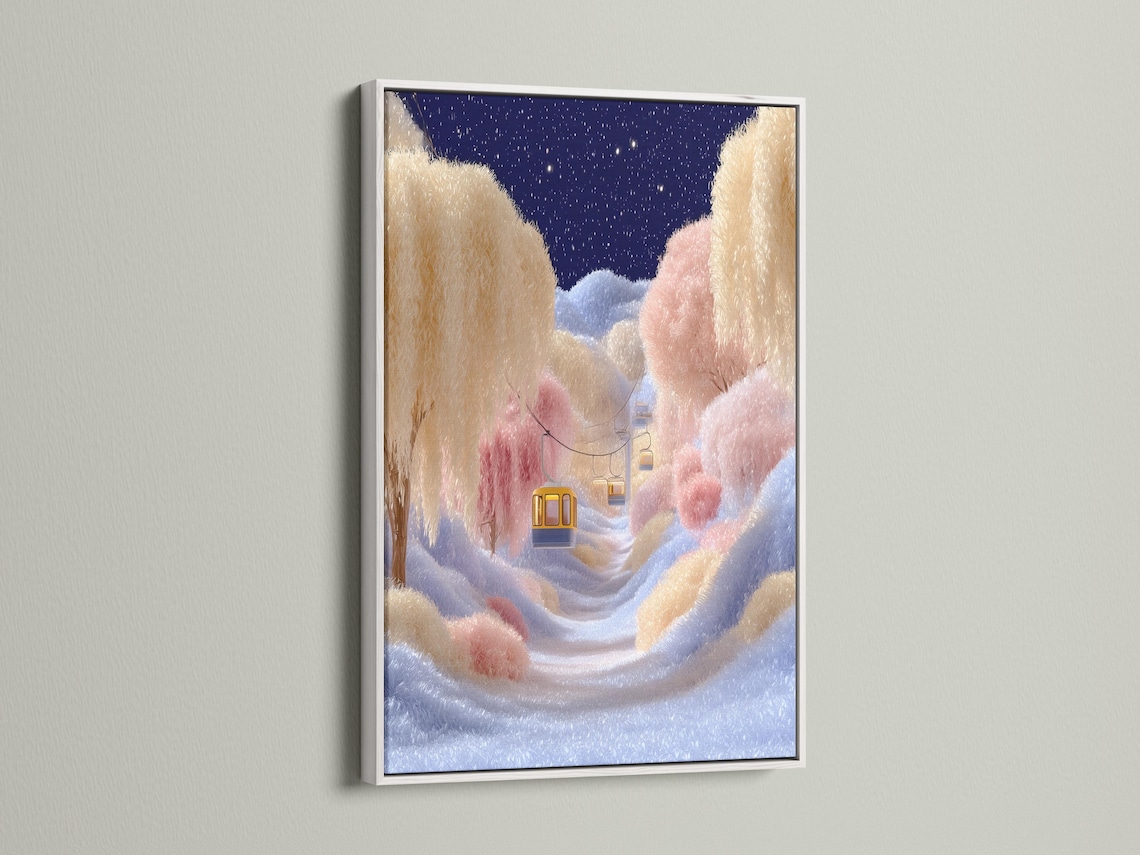 Whimsical winter landscape with a deep blue starry sky, pastel snow and warm gold gondola-like cabins detail view