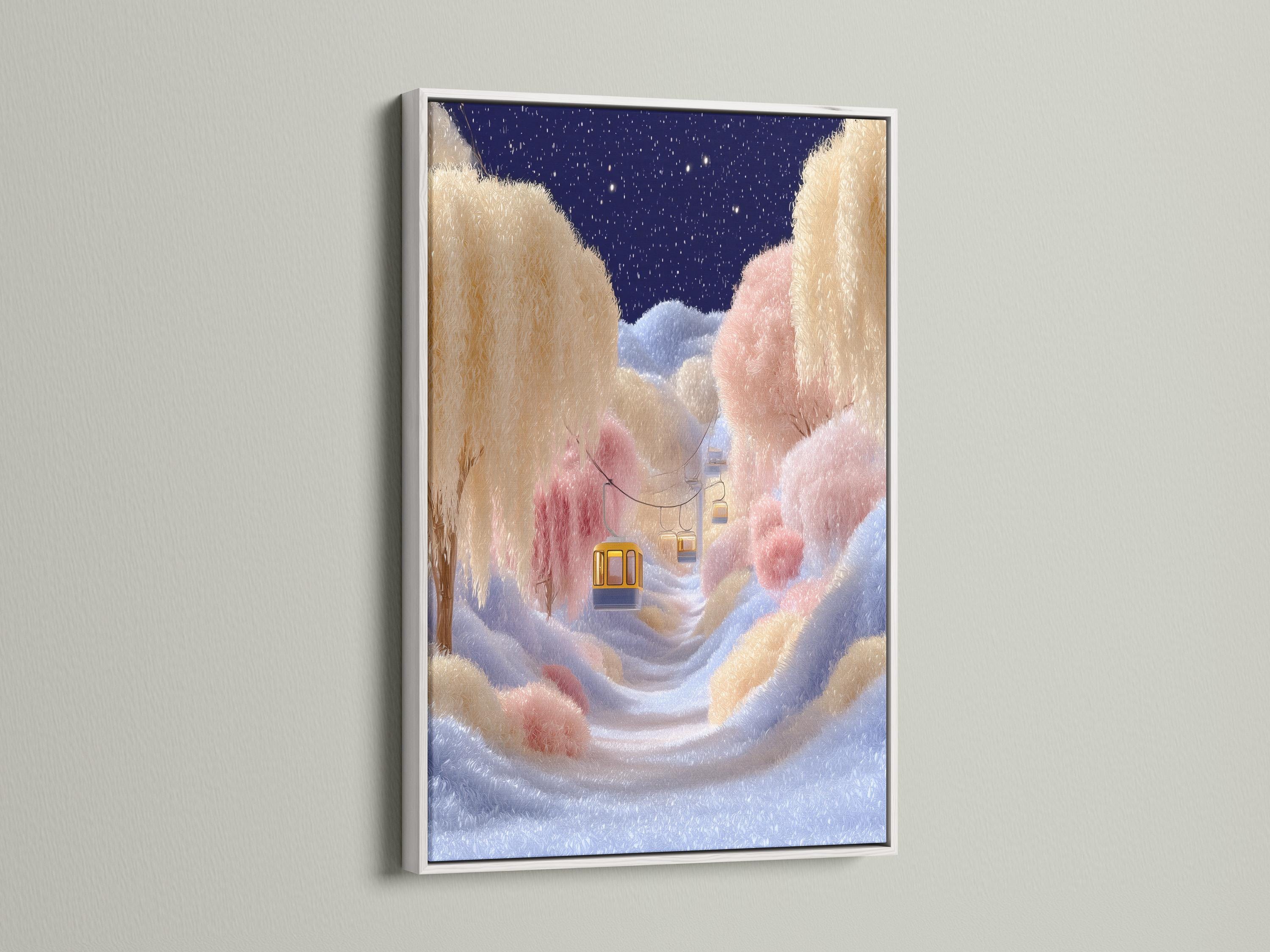 Whimsical winter landscape with a deep blue starry sky, pastel snow and warm gold gondola-like cabins detail view