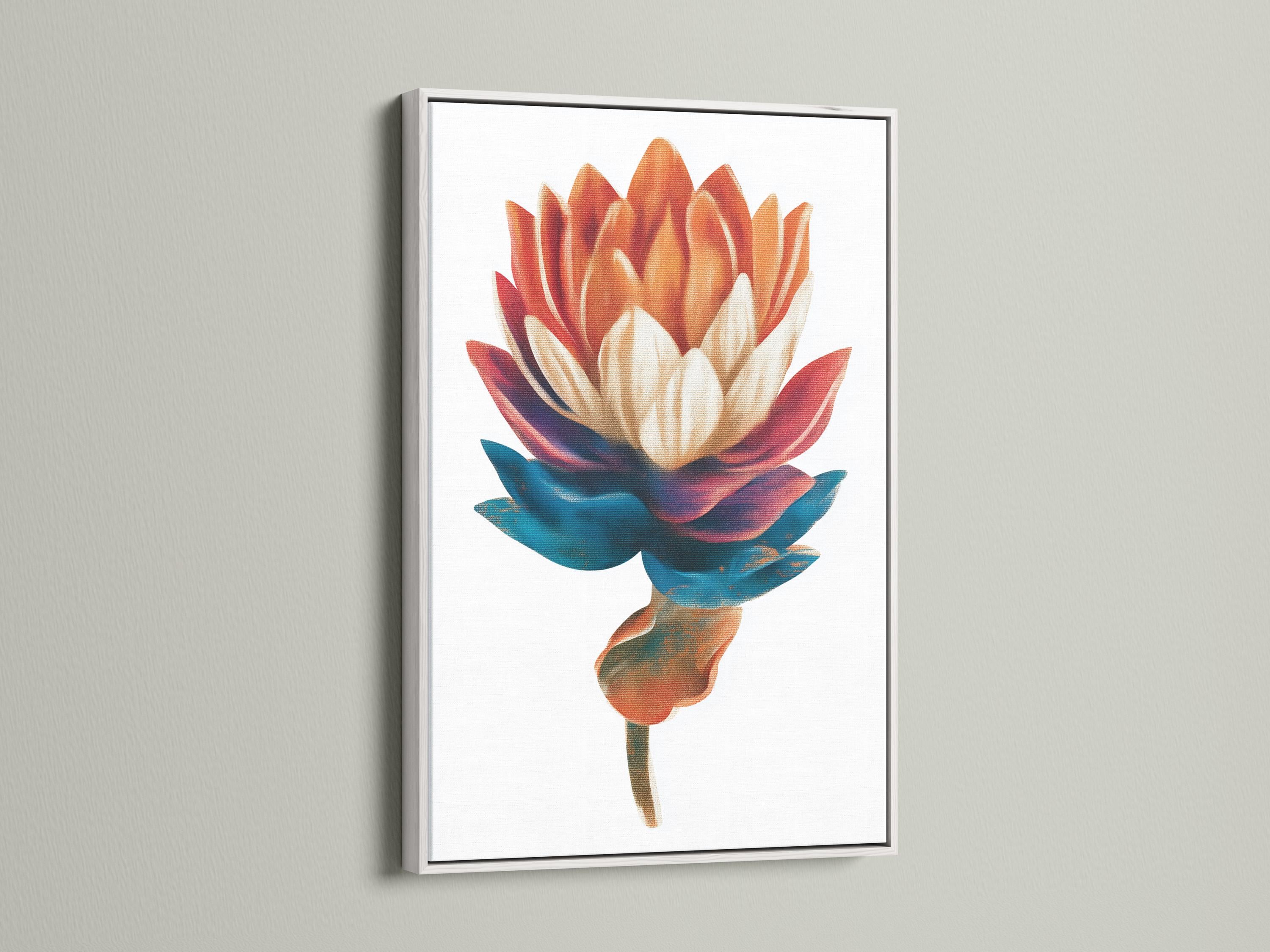 Stylised flower artwork with teal and coral petals and a cream centre on a pale background detail view