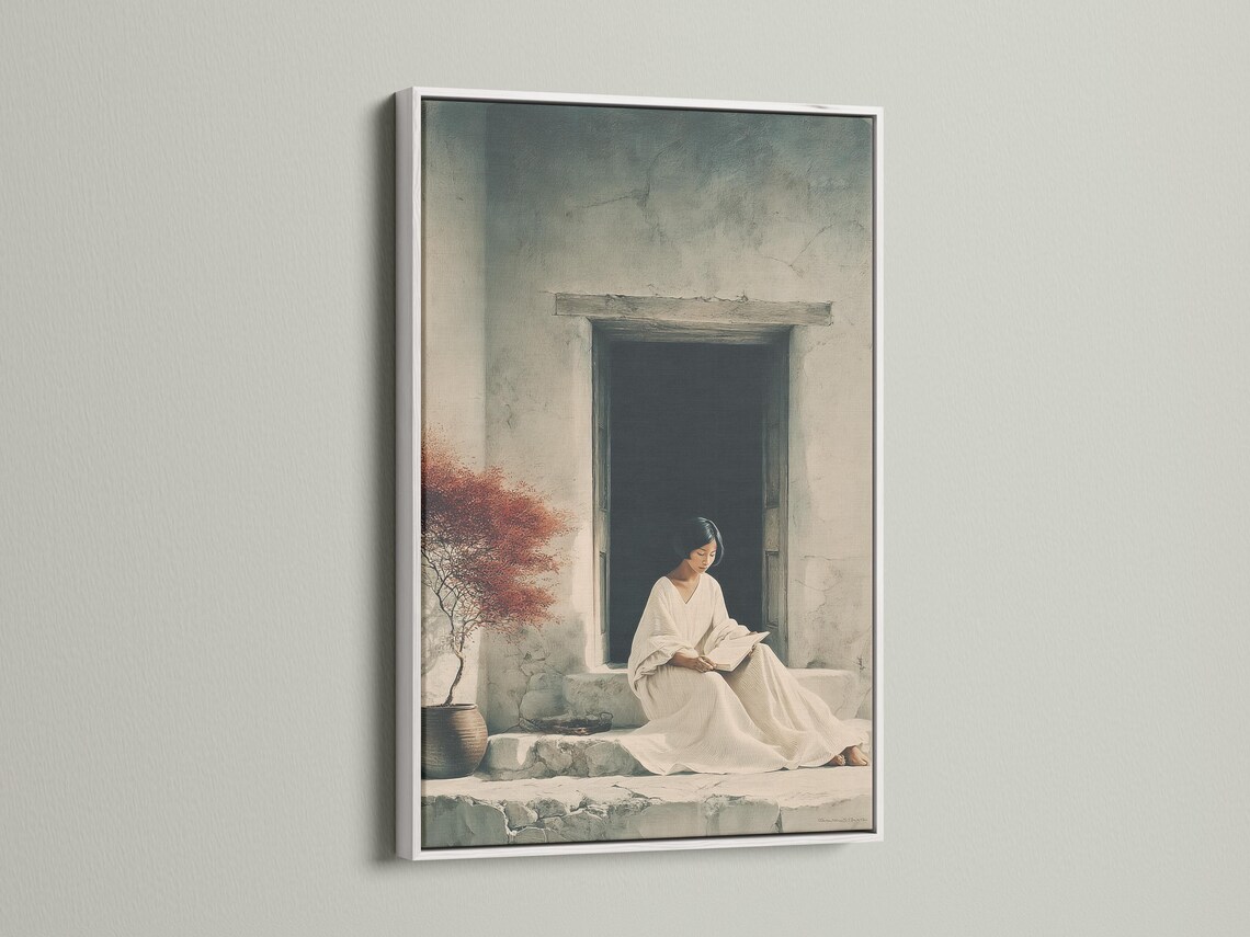 Seated woman reading a book in a stone doorway with a rust-red tree canopy detail view