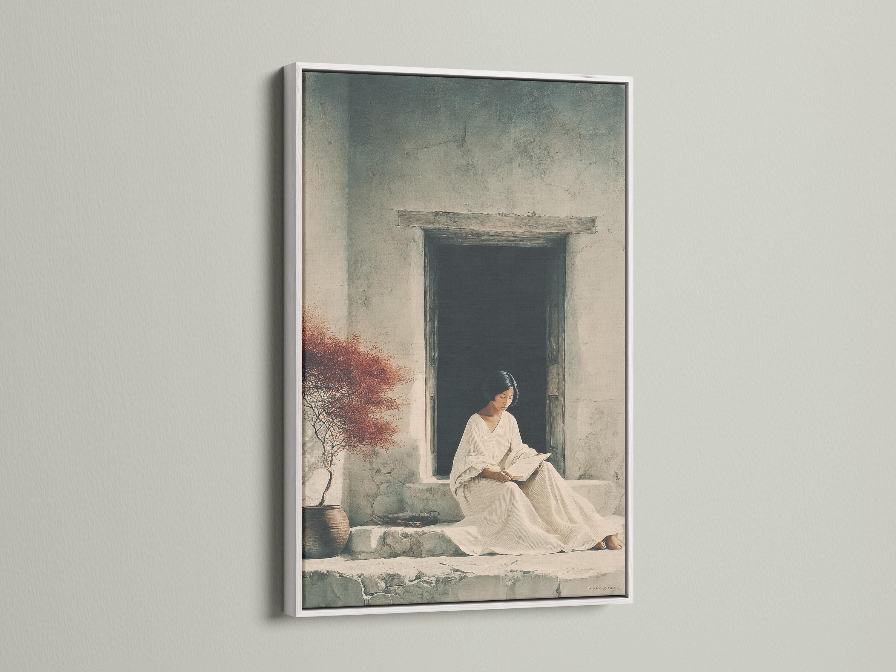 Seated woman reading a book in a stone doorway with a rust-red tree canopy detail view
