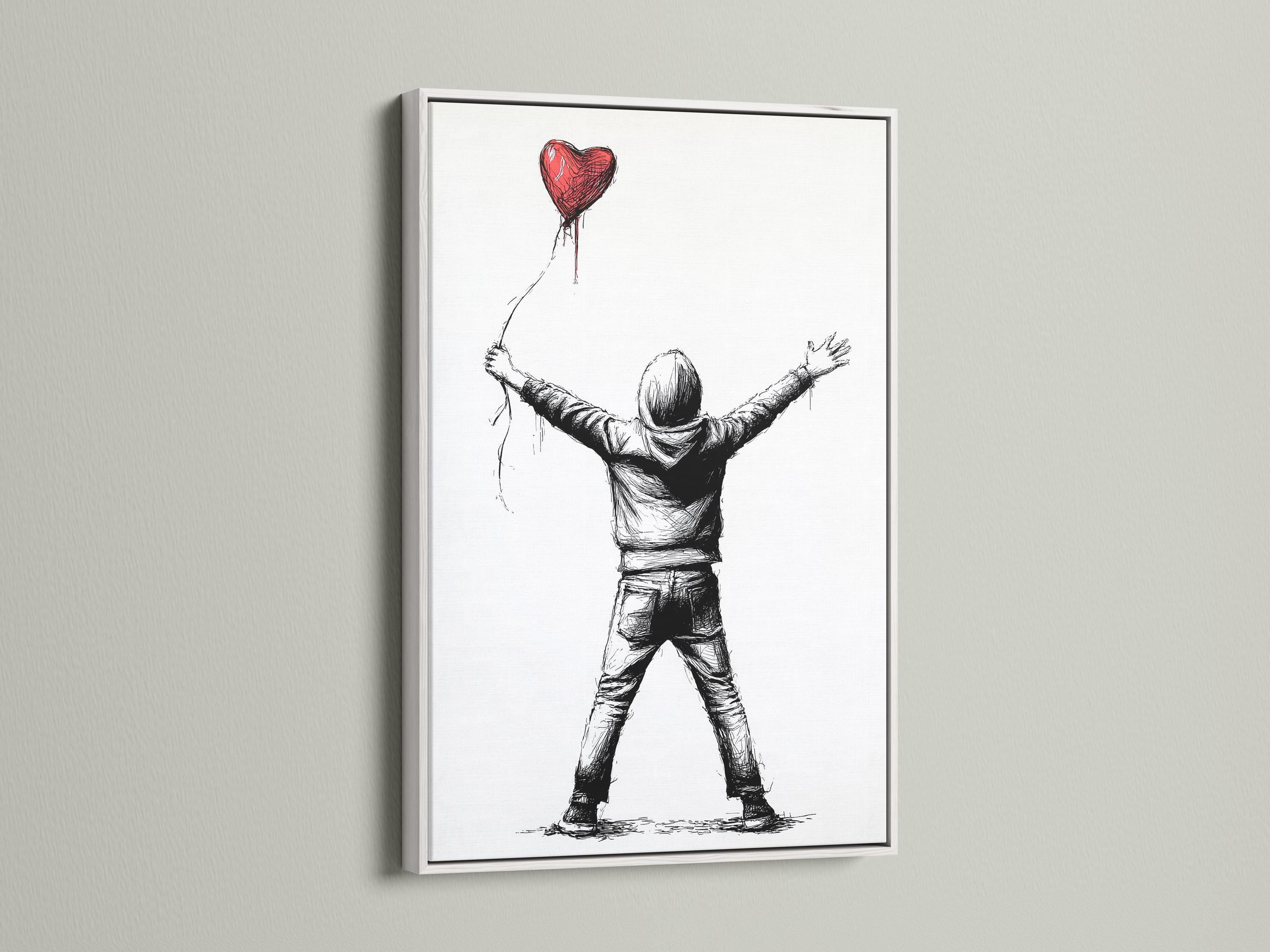 Framed wall art mockup showing a boy holding a red heart-shaped balloon