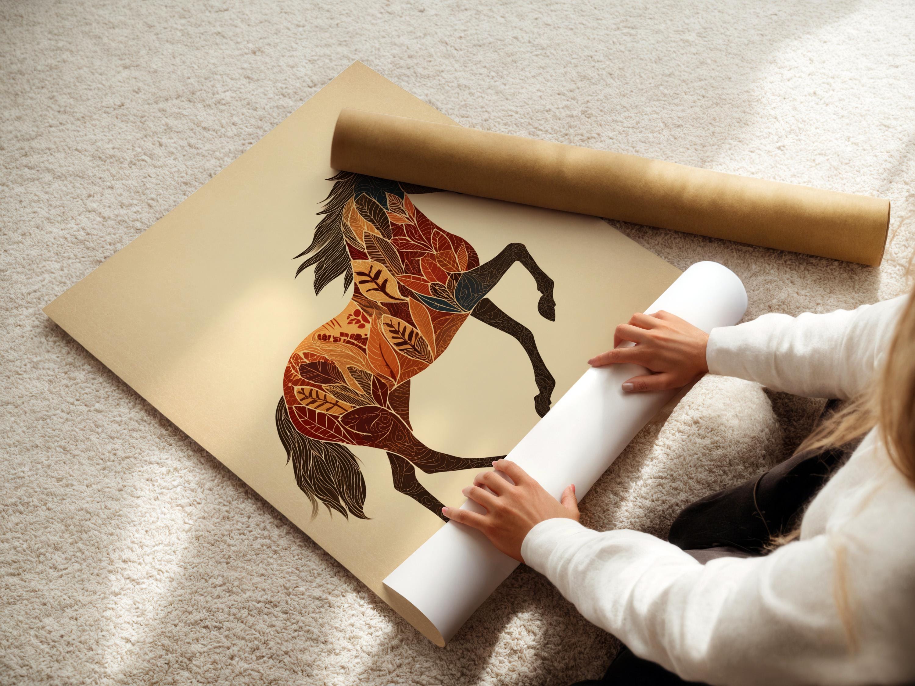 Mockup of a framed horse artwork with botanical leaf pattern on a pale beige background