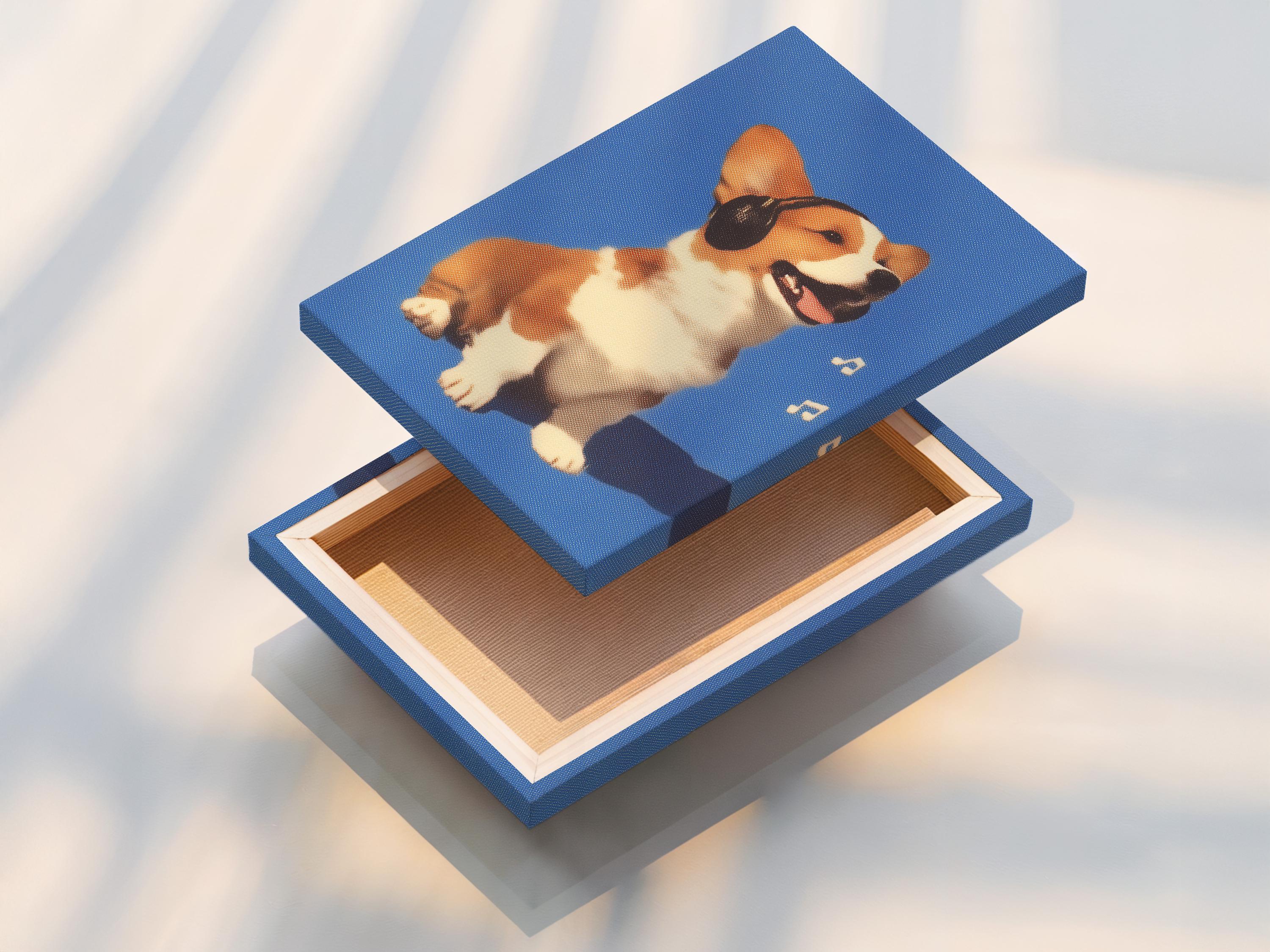 A stylised corgi dog portrait sits against a speckled blue background, wearing large headphones and shown smiling with small musical notes nearby