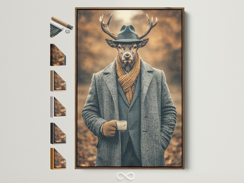 Gentleman deer portrait wearing a hat, suit jacket and scarf against a warm brown haze background