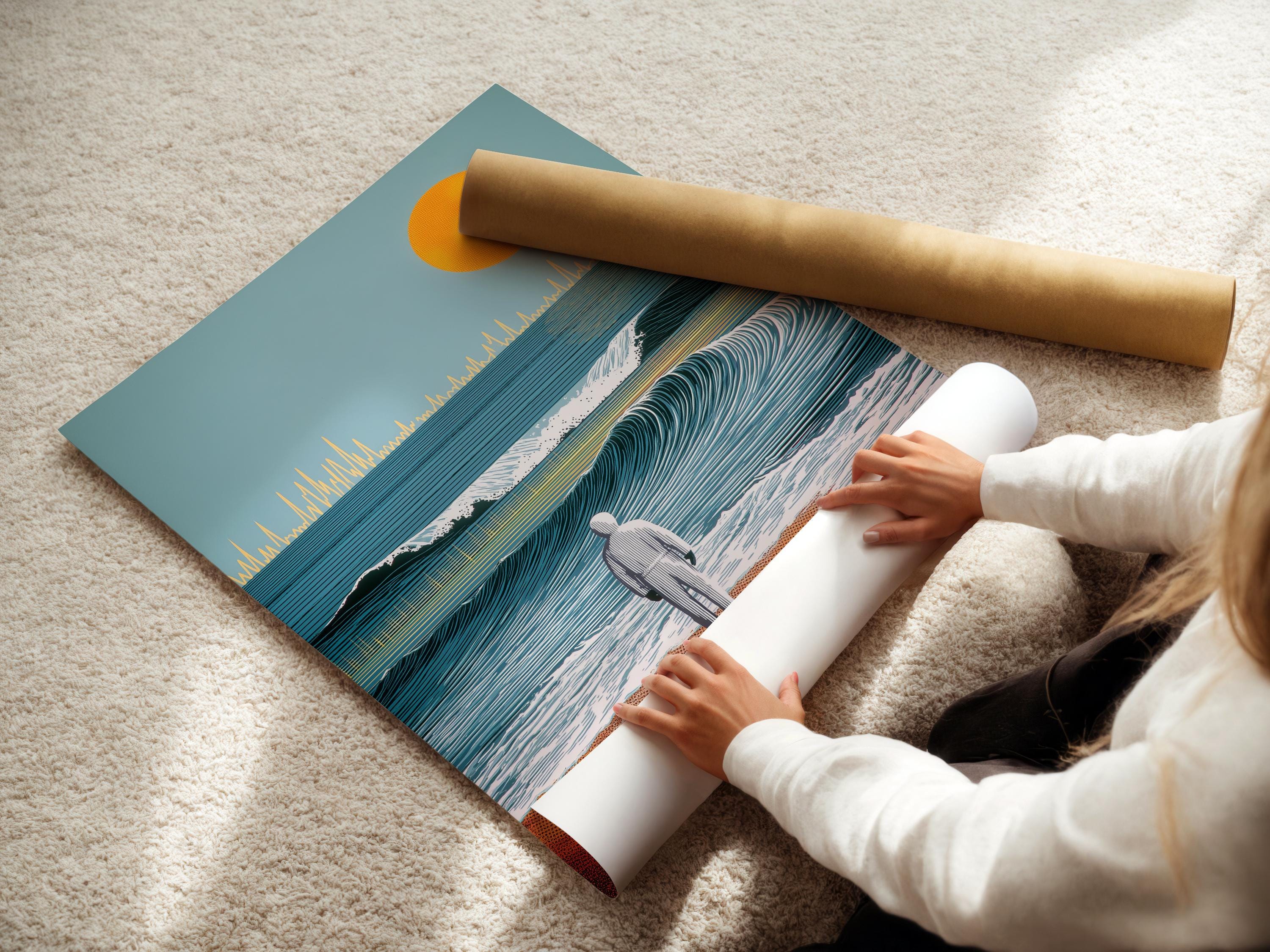Stylised seascape with teal ocean waves, an orange sun, a beach figure, and a dark animal silhouette detail view