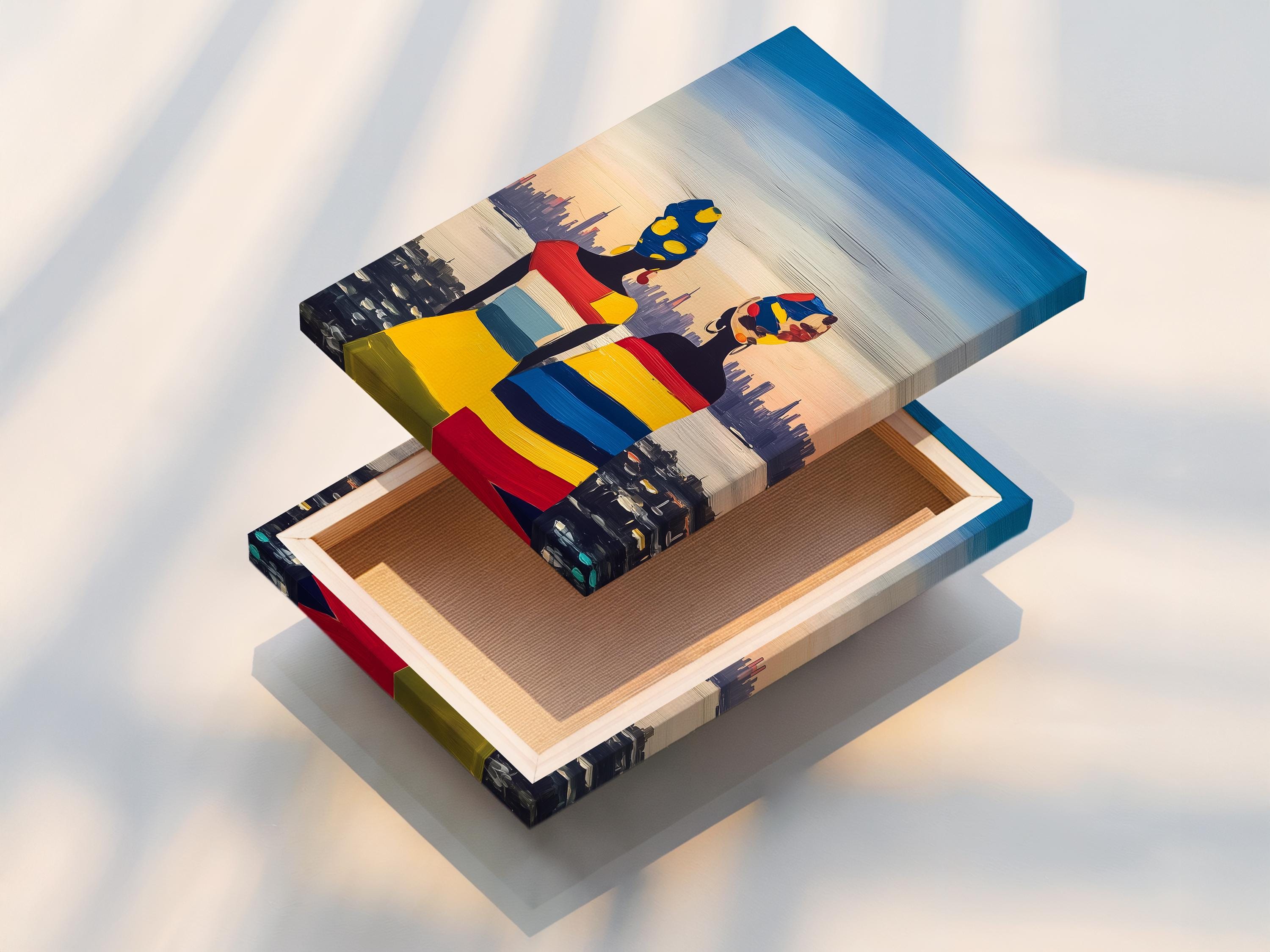 Framed artwork mockup showing two stylised women figures in bright colours with a city skyline background
