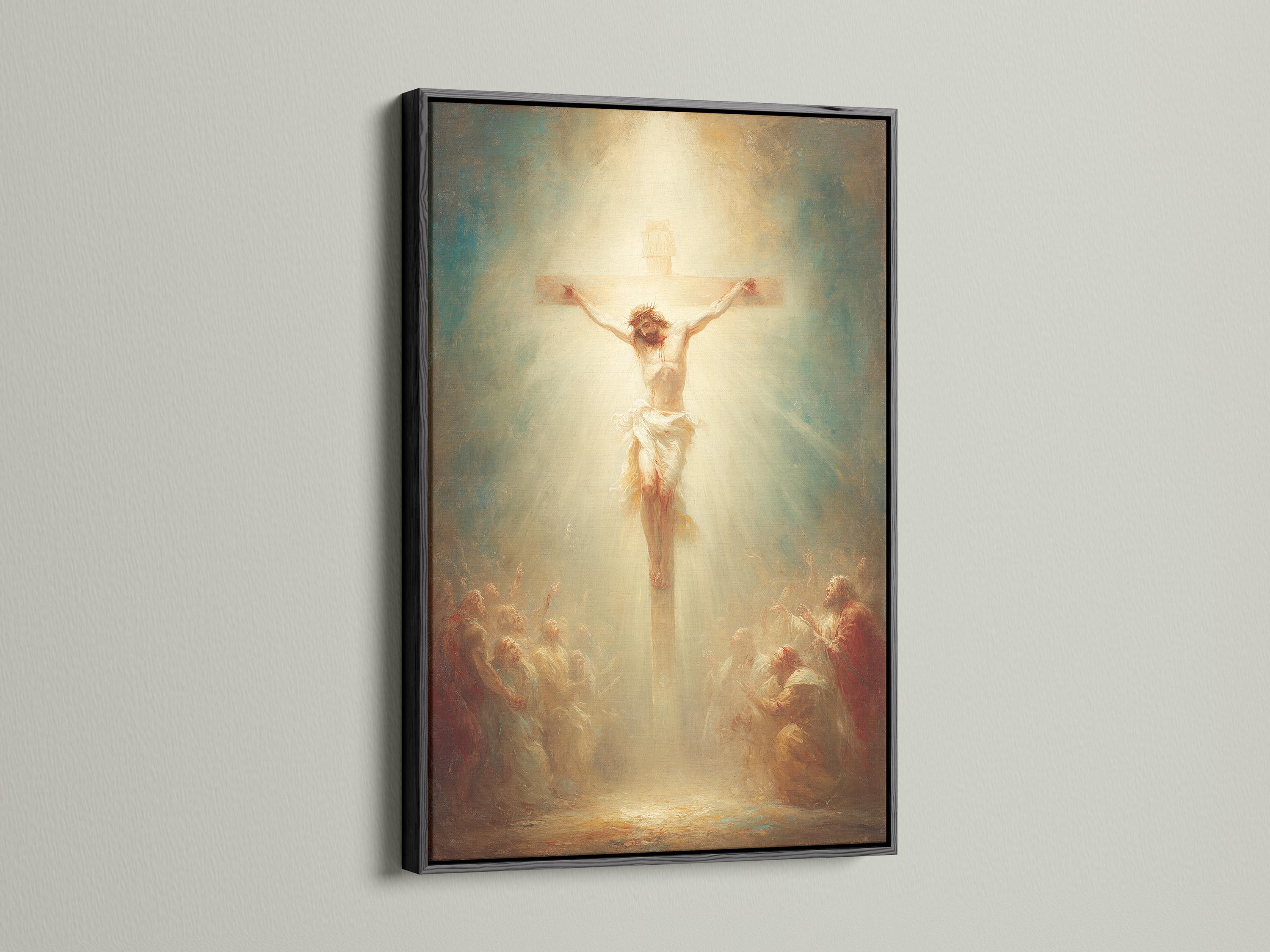 Crucifixion scene with a central figure on a cross and a glowing cream background detail view