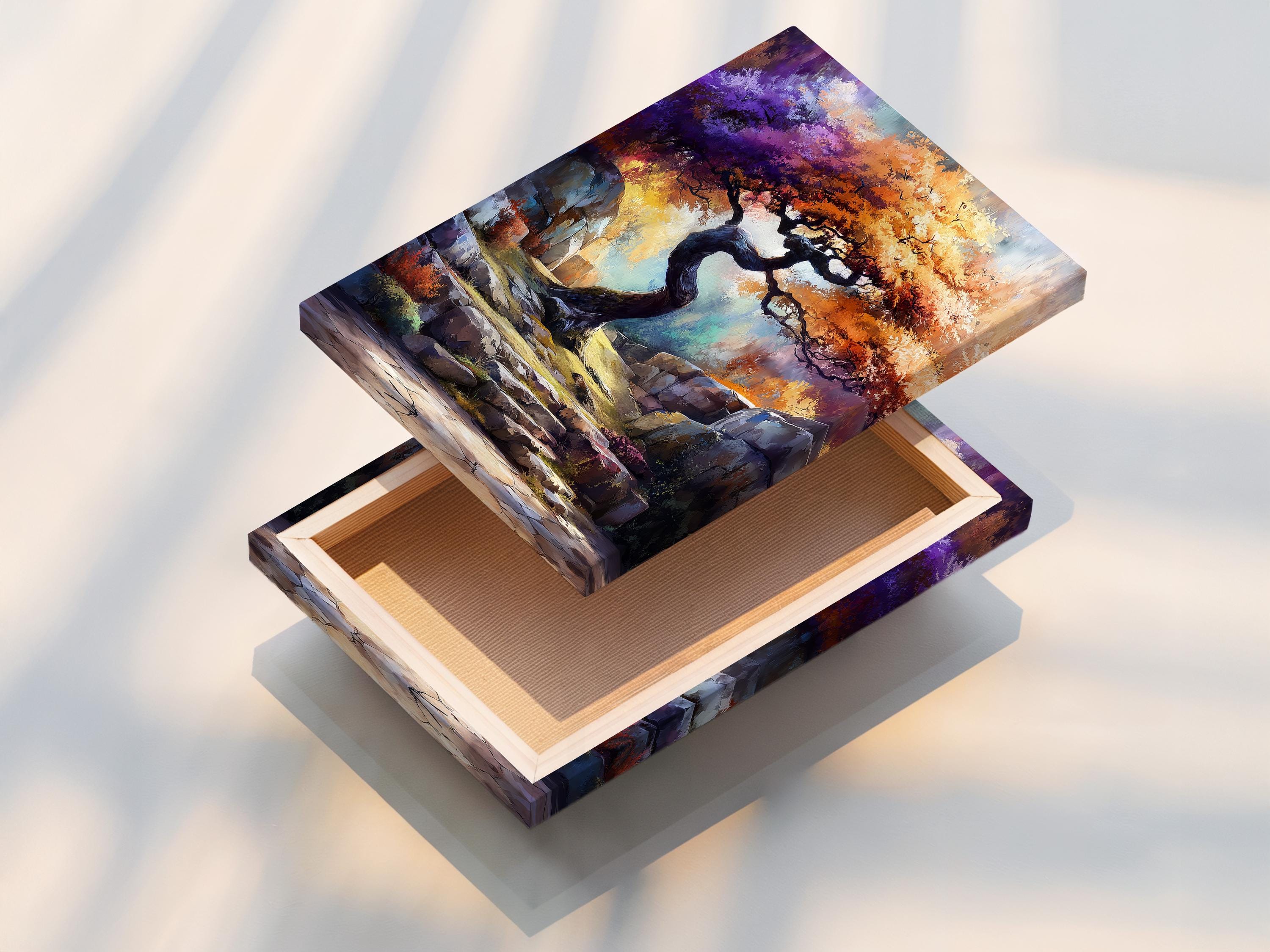 Fantasy tree landscape artwork with a twisted tree, rocky steps and vivid purple, orange and blue colours detail view