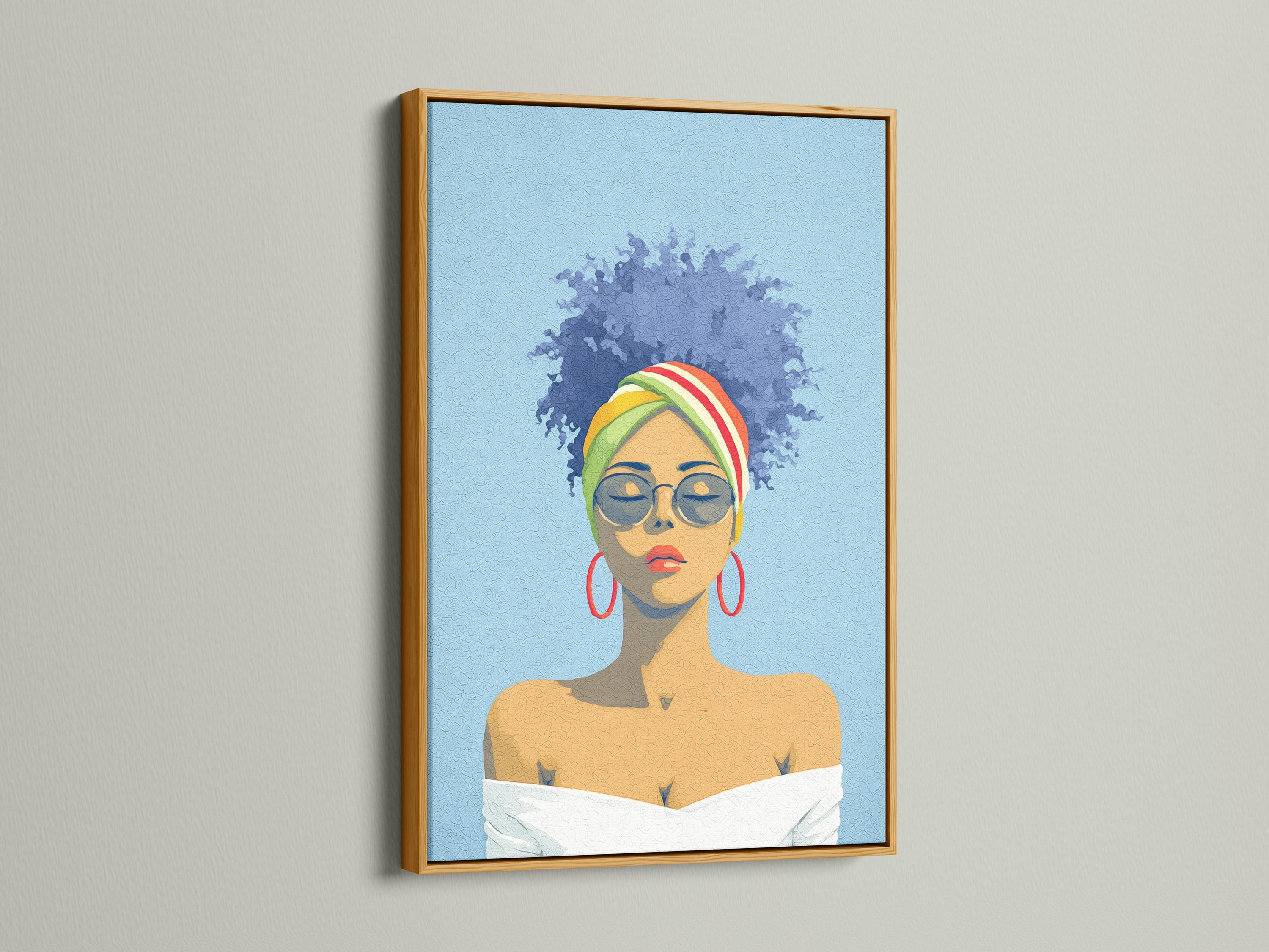 Stylised portrait of a woman with glasses and a rainbow headwrap on a textured blue background detail view