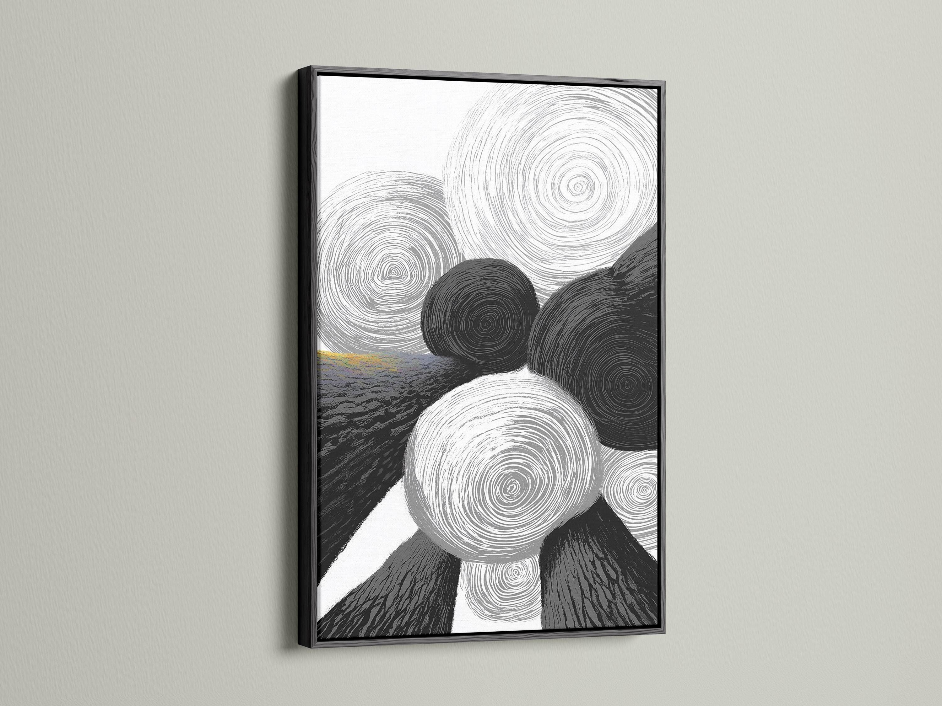 Monochrome abstract artwork with overlapping swirling rings in black, white and grey detail view