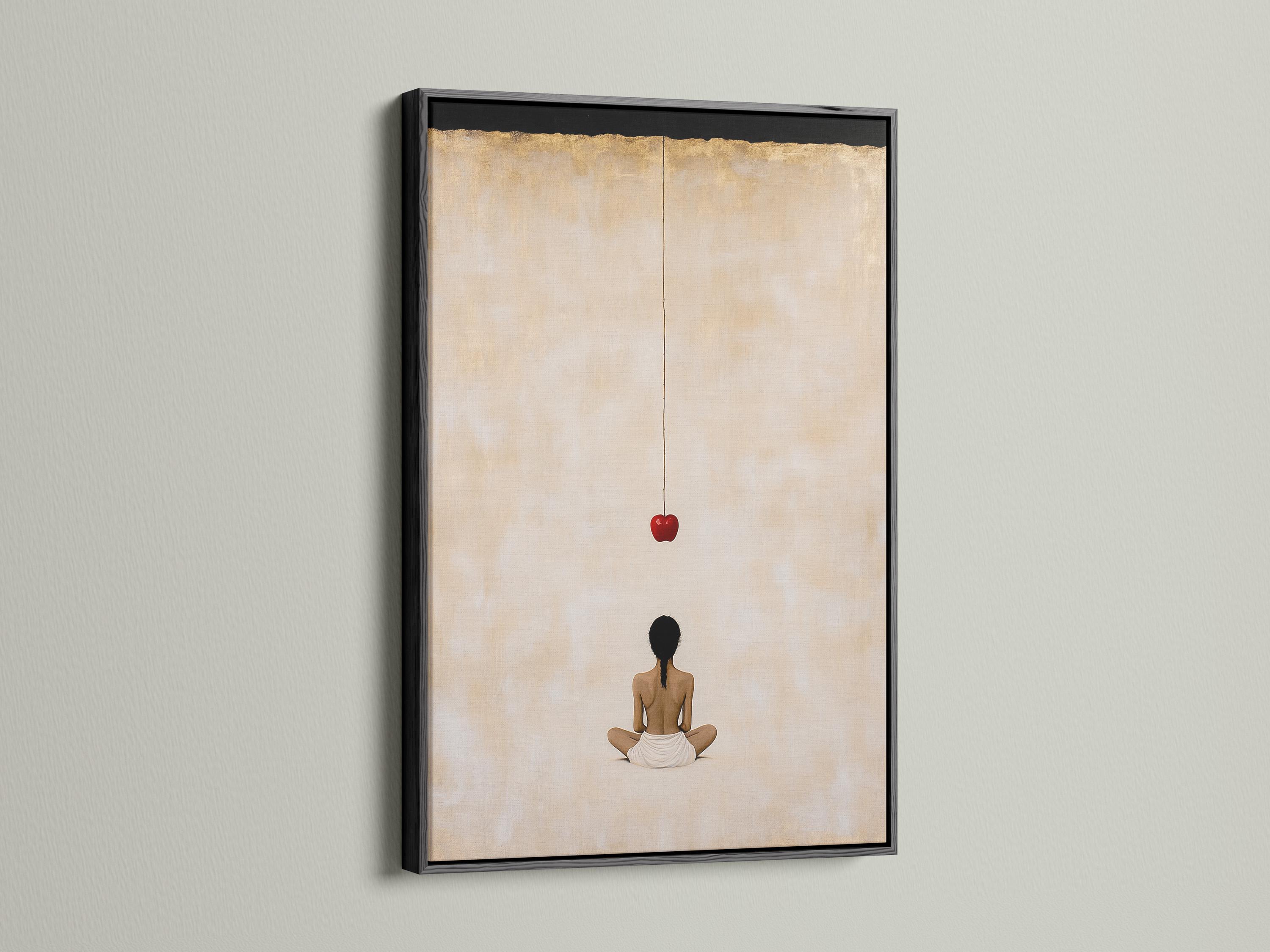 Minimalist meditating figure with a red apple on a warm beige background detail view