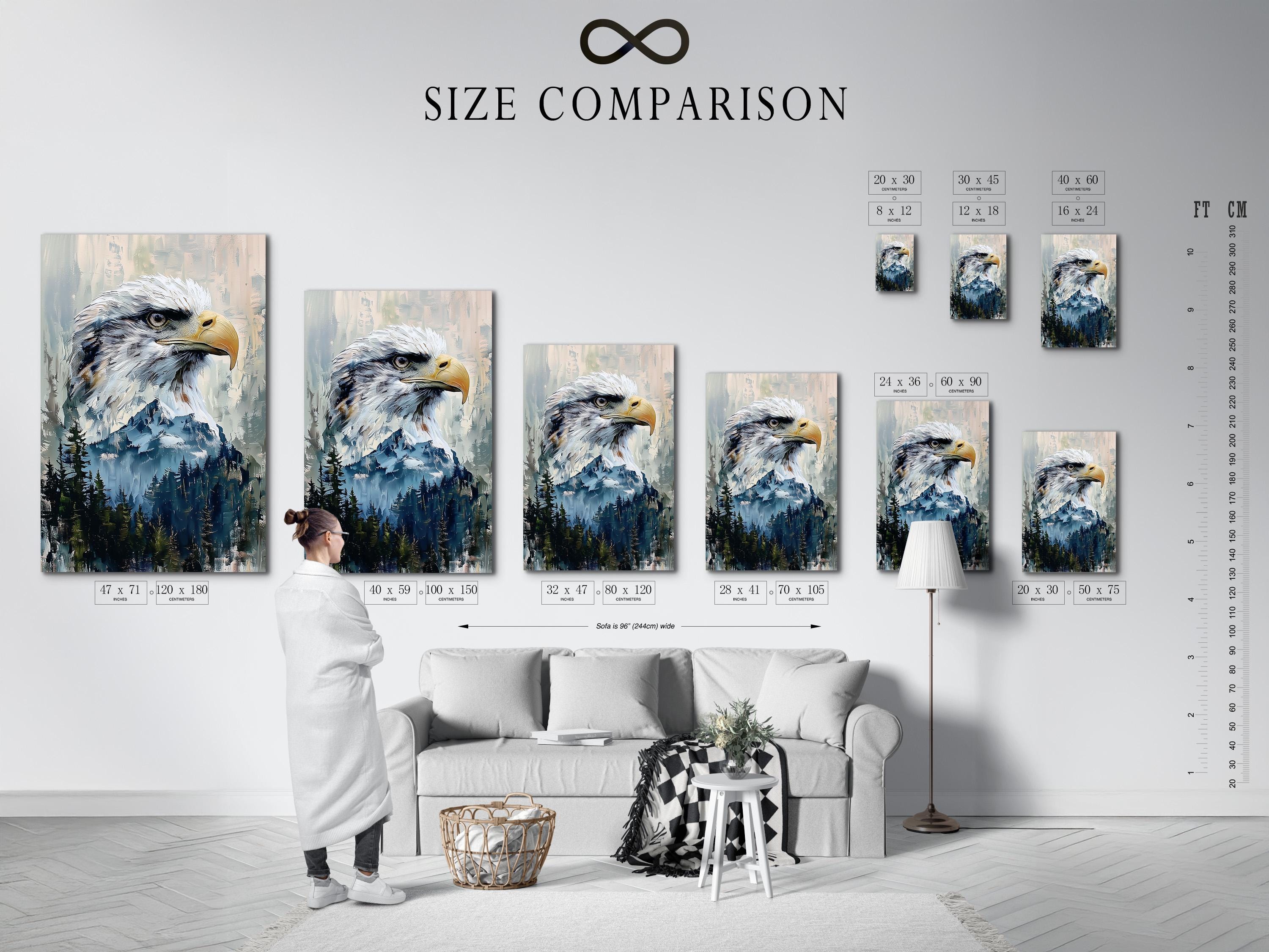 A framed eagle artwork on a wall with several framed mockups beside it