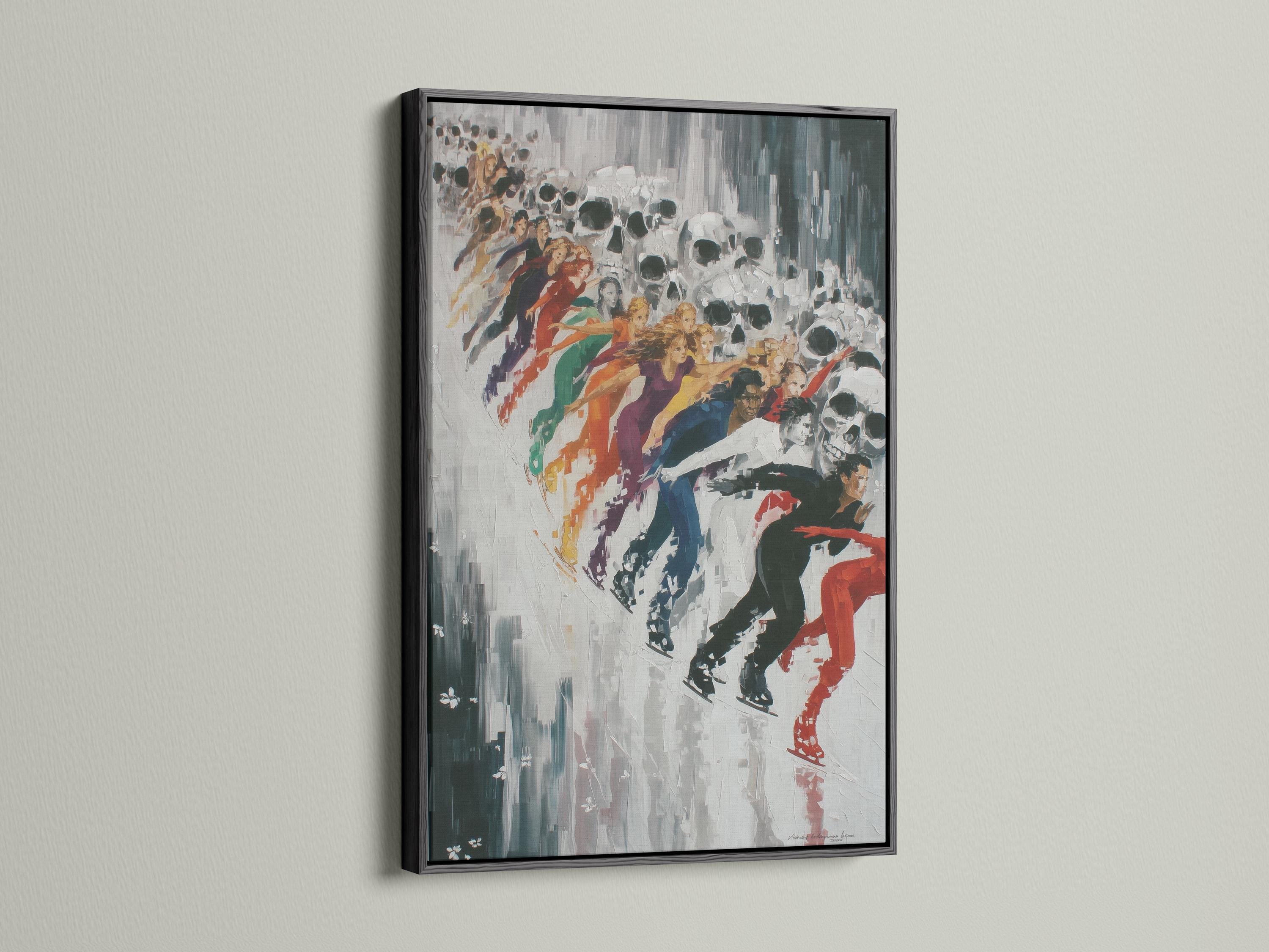 Skull skaters artwork displayed in a framed wall mockup with open background elements