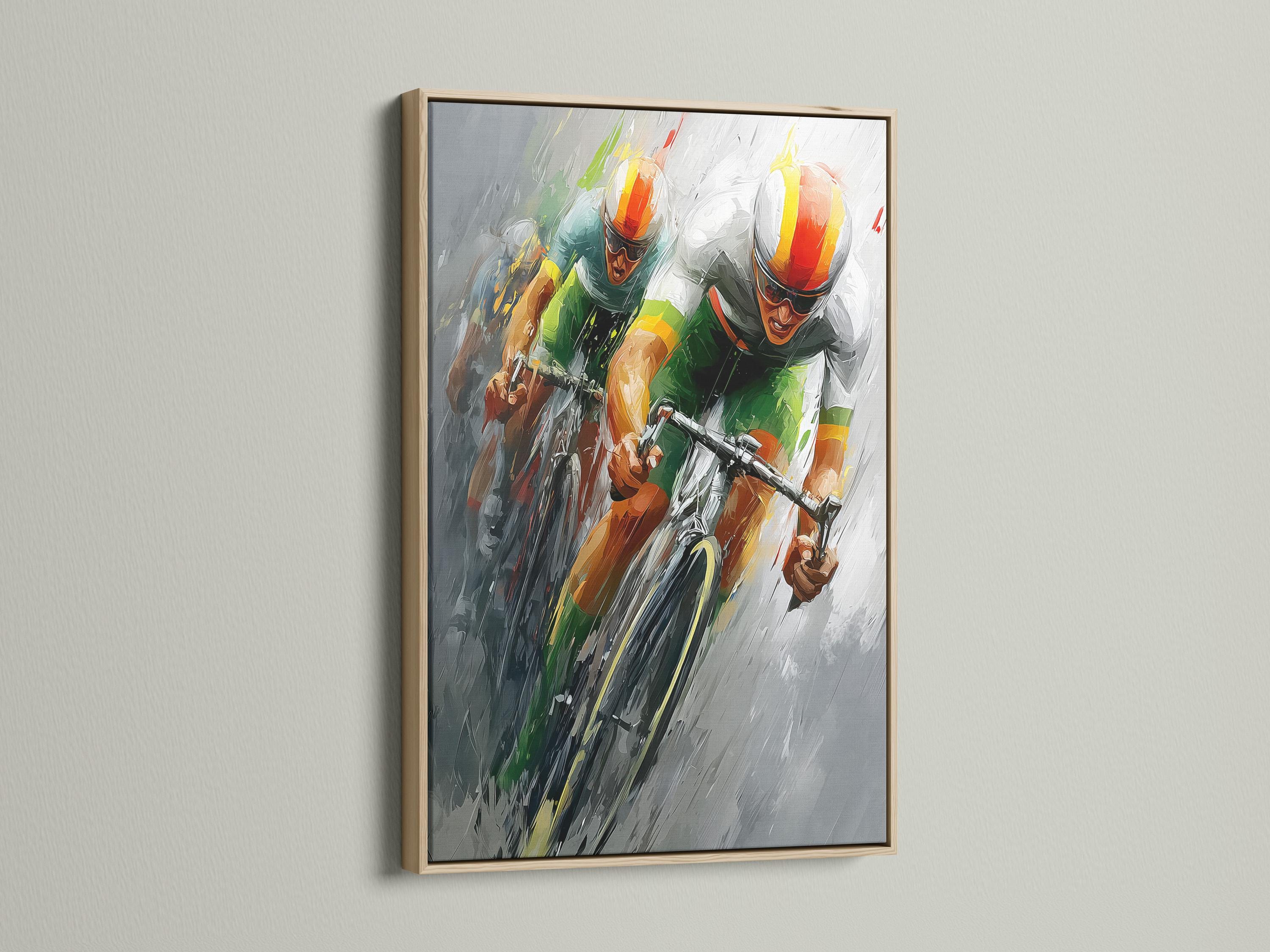 Room mockup showing framed abstract cycling artwork on a light wall