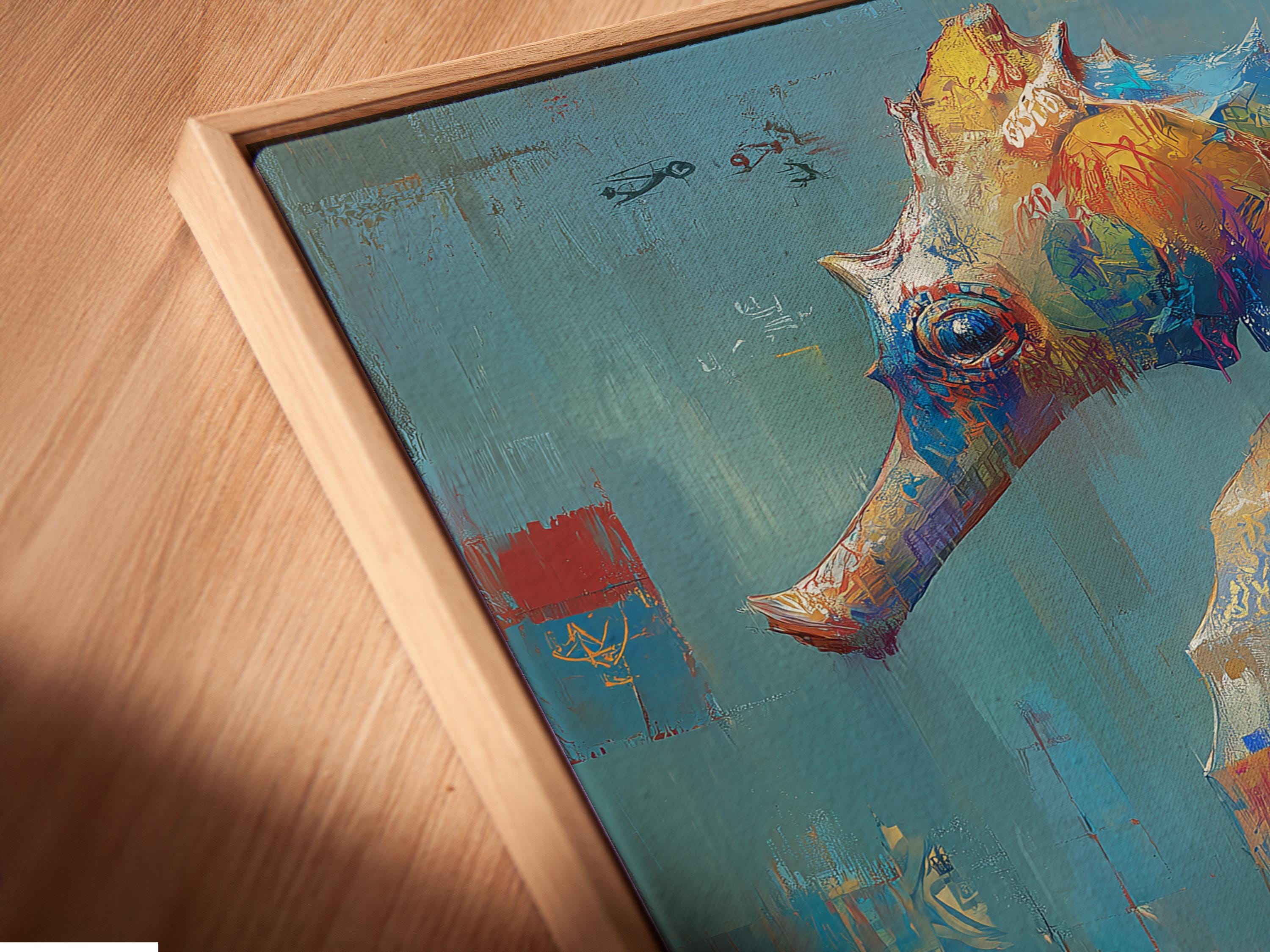Wall mockup showing a framed abstract seahorse-like artwork with teal and coral accents
