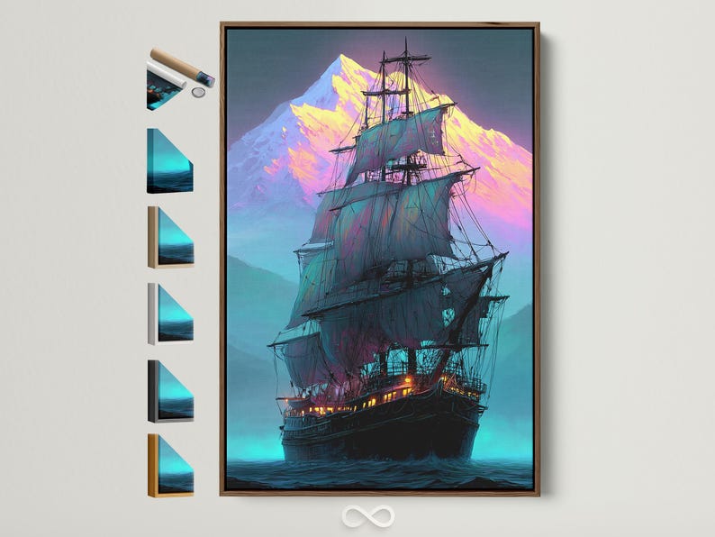 Neon-coloured sailing ship with teal ocean waves and glowing purple mountains