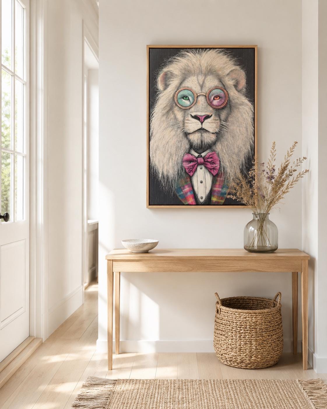 Stylised lion portrait with round glasses and a pink bow tie detail view