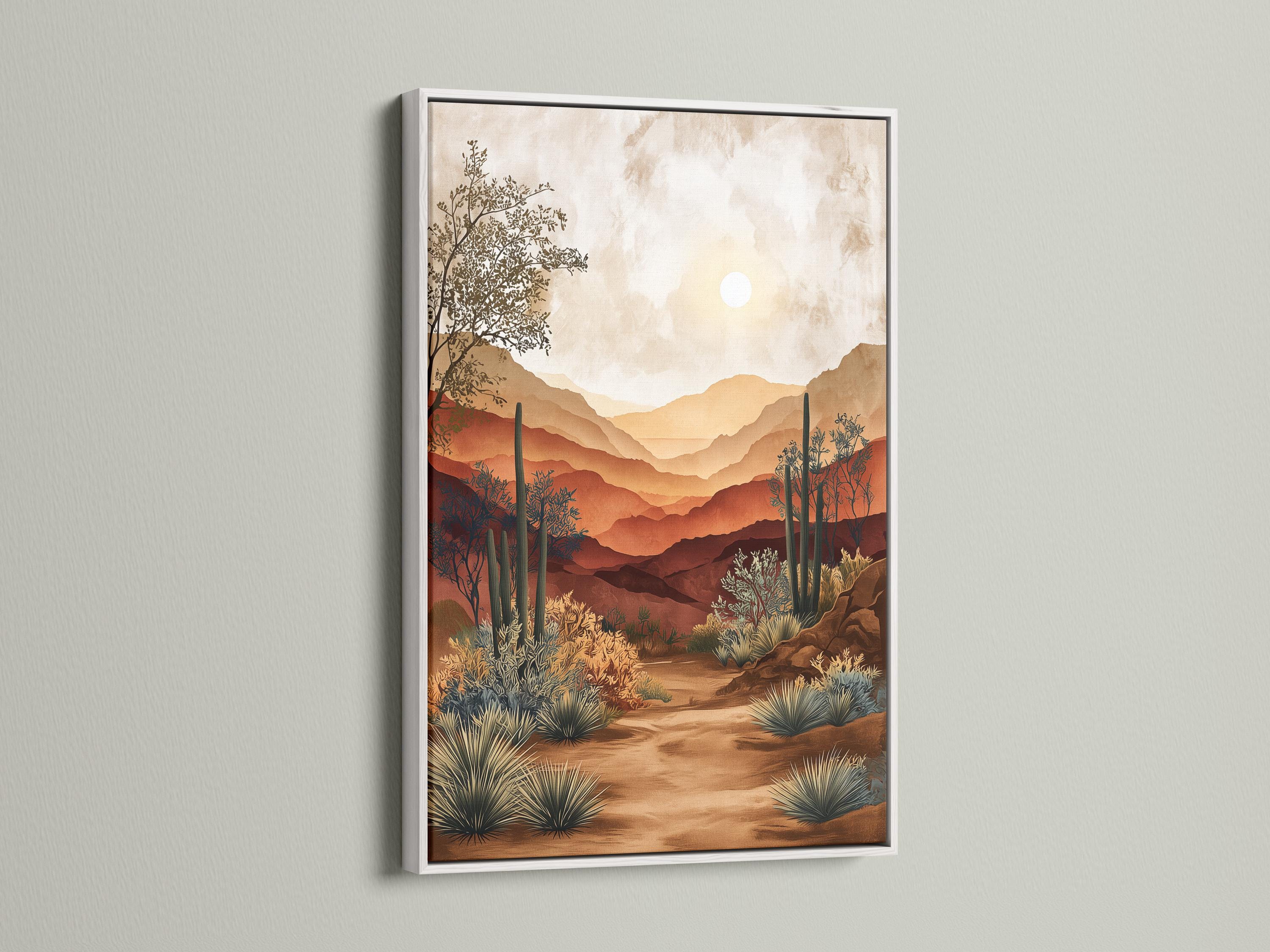 Warm desert landscape artwork with layered mountains, pale sun, and cactus-like plants detail view