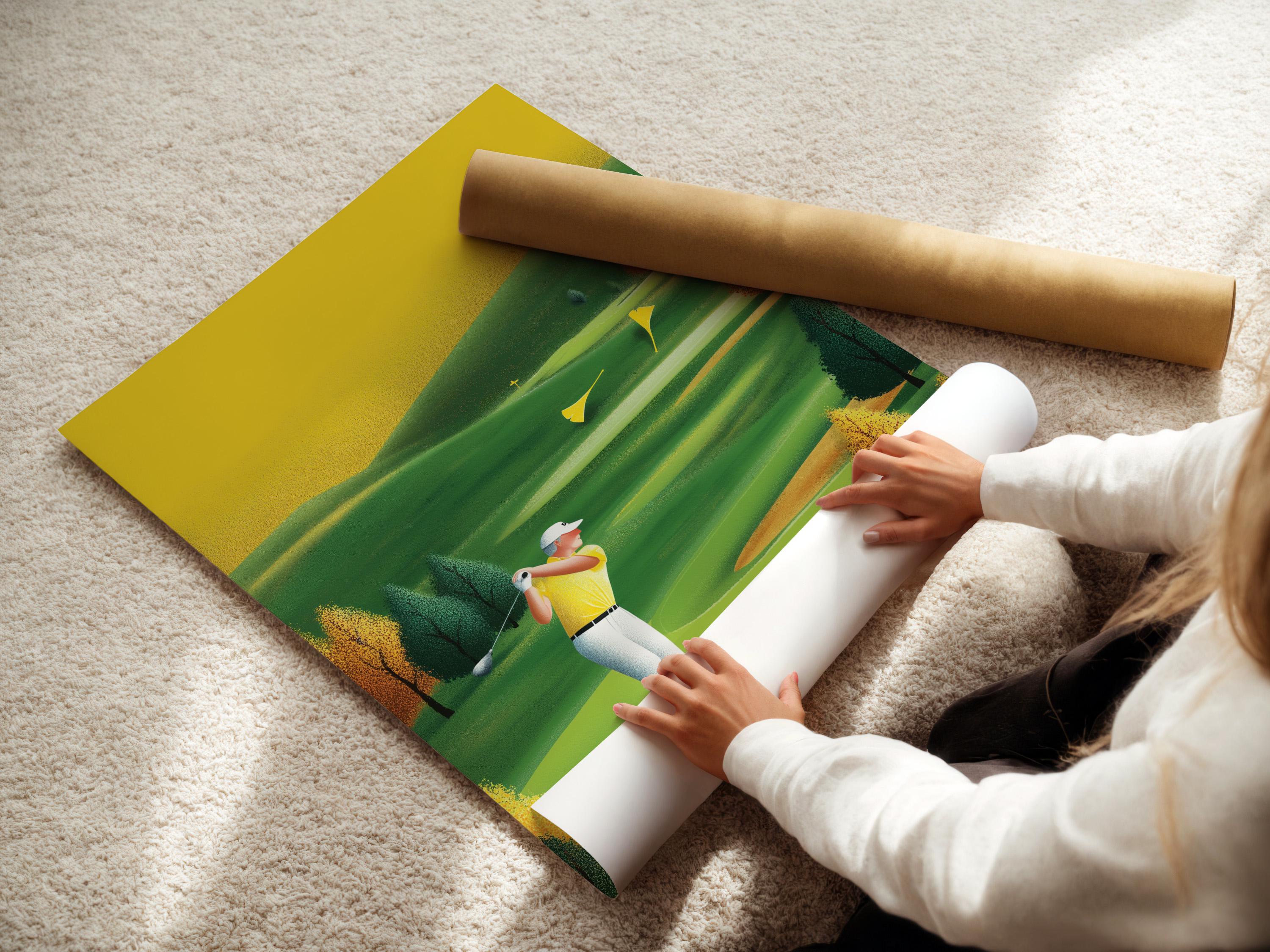A stylised golf course scene with a golfer mid-swing and rolling green fairways detail view