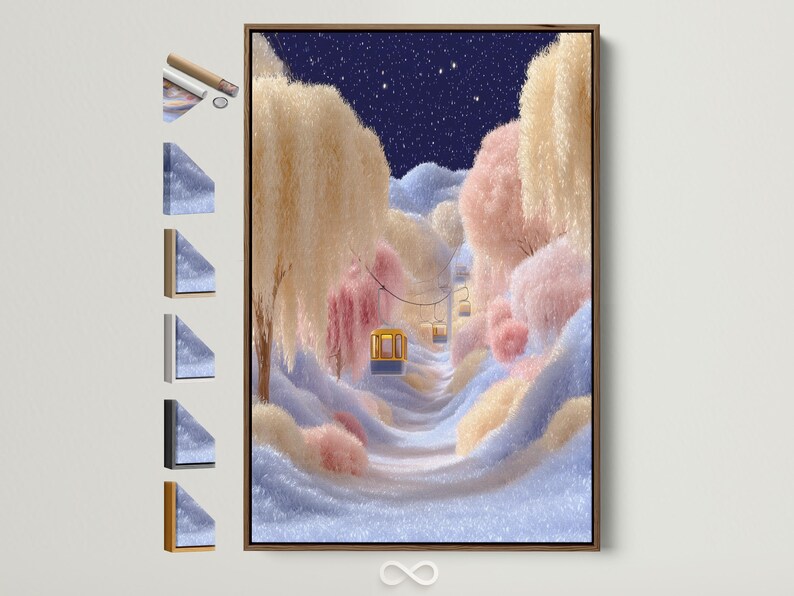 Whimsical winter landscape with a deep blue starry sky, pastel snow and warm gold gondola-like cabins