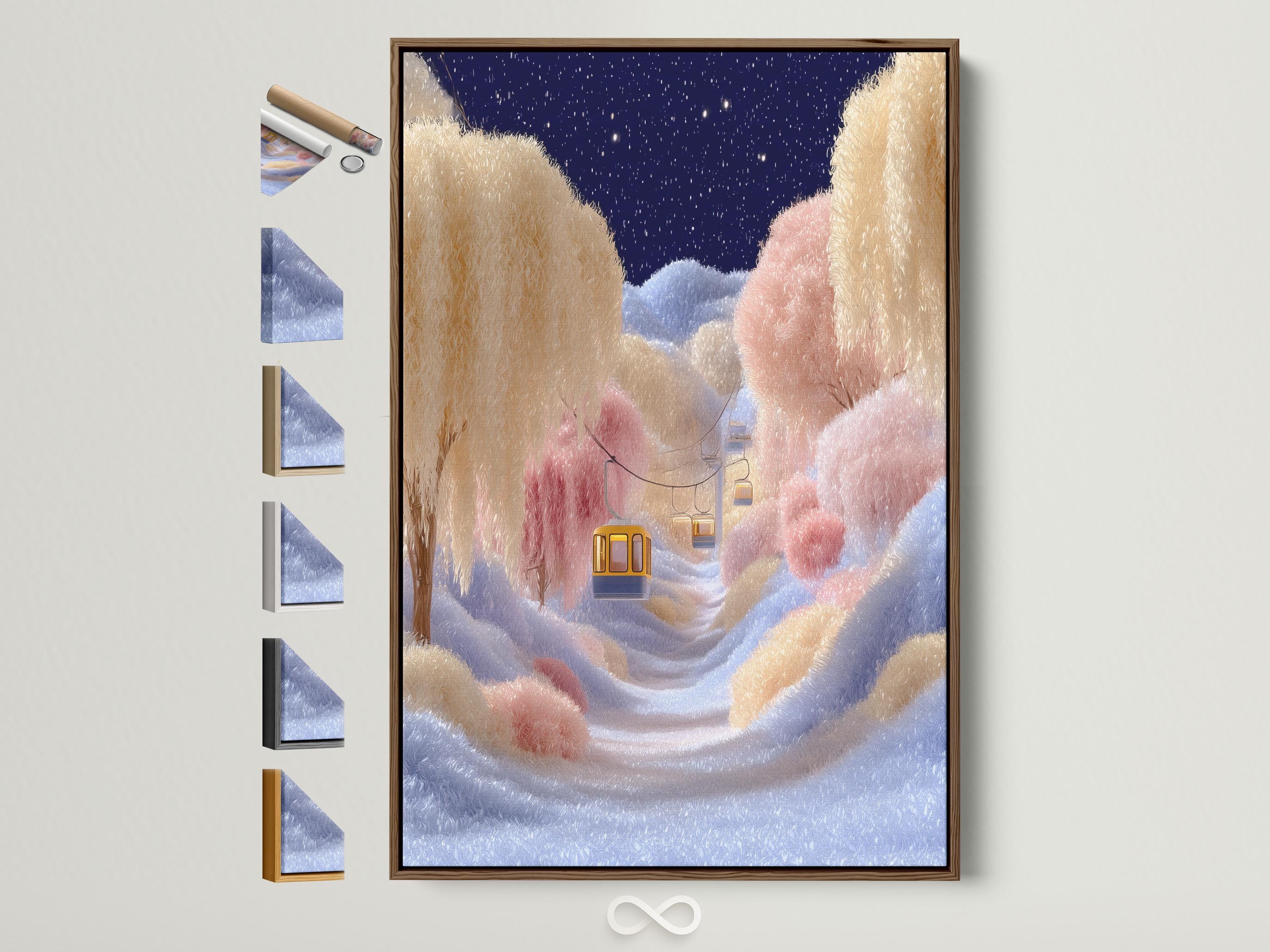 Whimsical winter landscape with a deep blue starry sky, pastel snow and warm gold gondola-like cabins