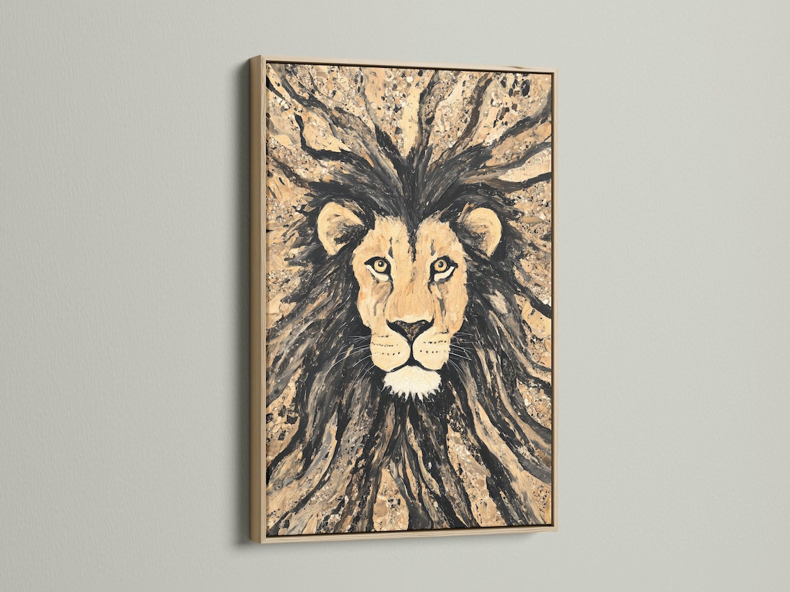Stylised lion portrait with radiating mane strokes in beige, black and gold tones detail view