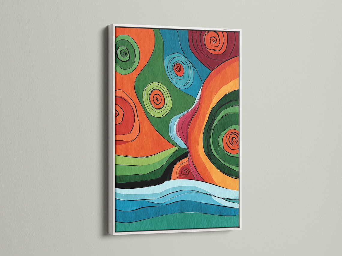 Colourful abstract artwork with overlapping circles and concentric spiral swirls in orange, green, blue and red detail view