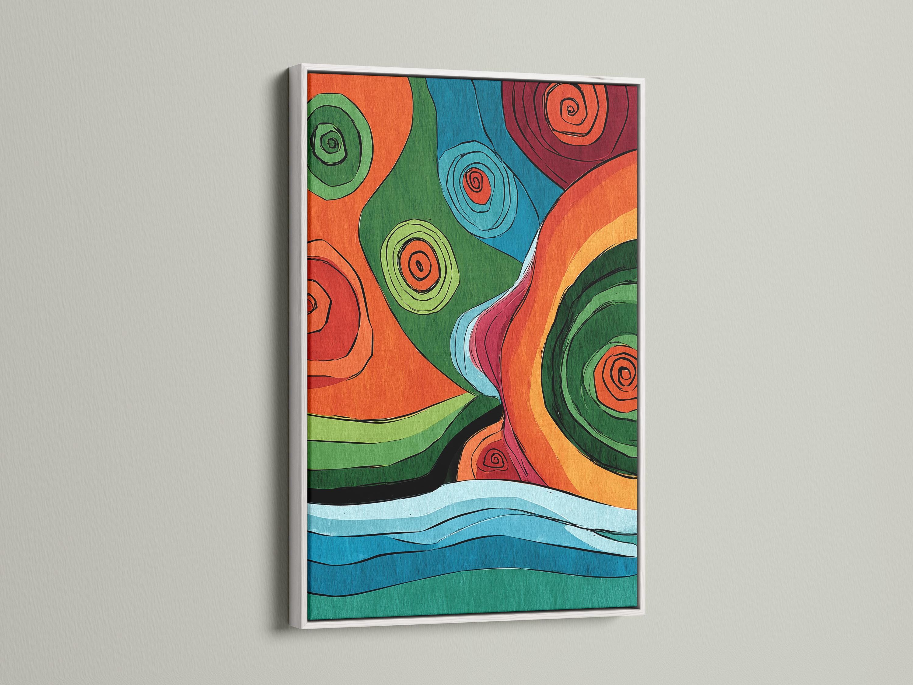 Colourful abstract artwork with overlapping circles and concentric spiral swirls in orange, green, blue and red detail view
